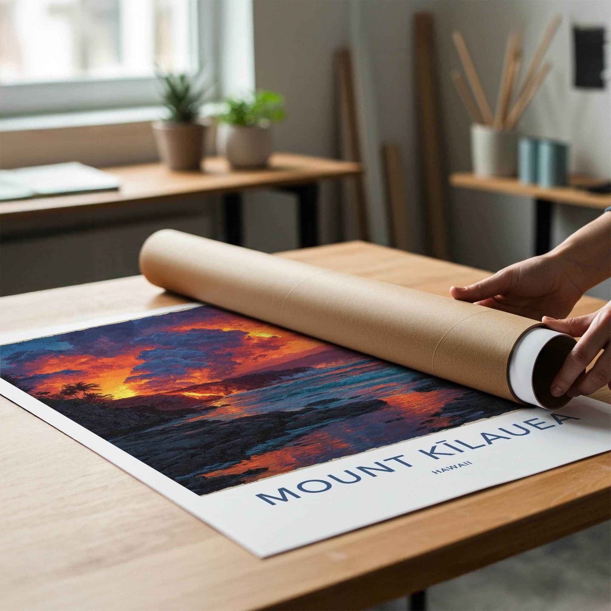Mount Kilauea Poster - Hawaii Travel Art - Lava Ocean Waves Home Decor