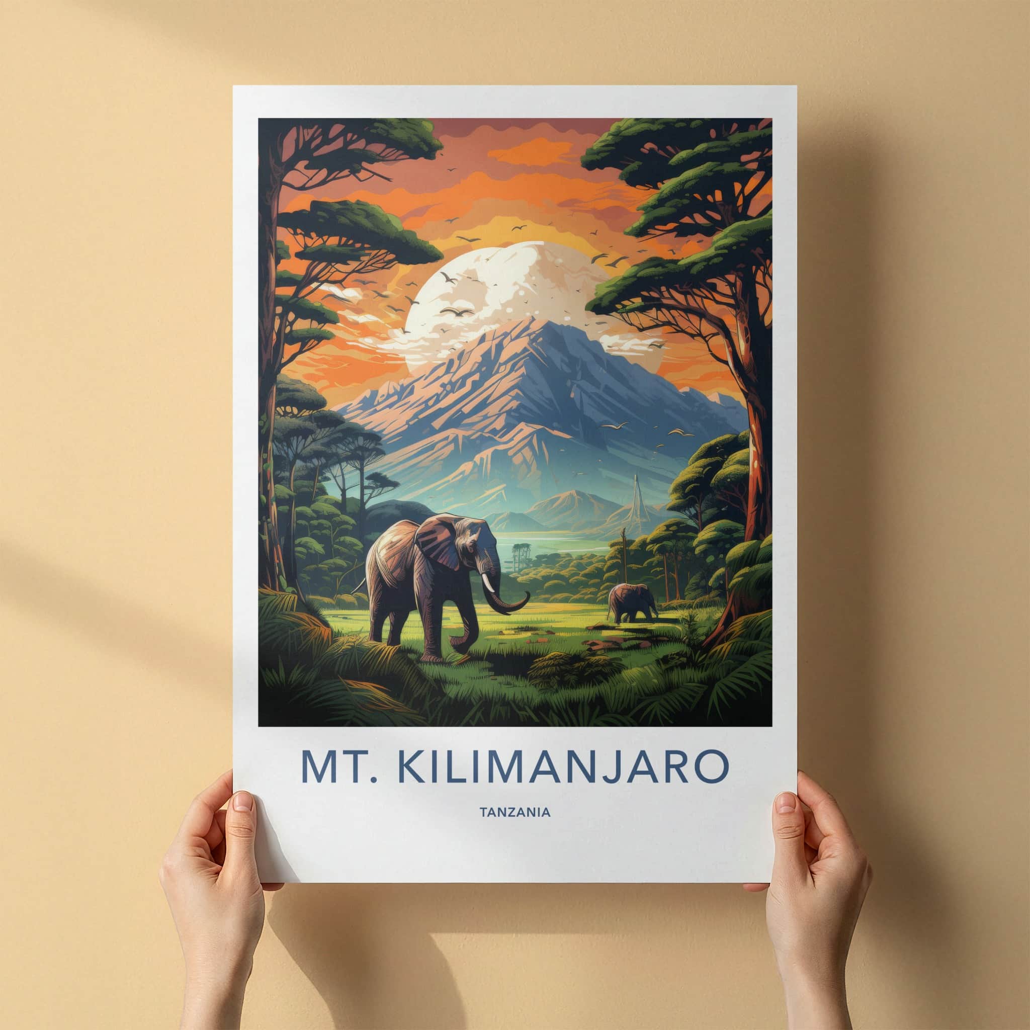 Mount Kilimanjaro Poster - Tanzania Travel Art - Elephants Mountain Sunset Home Decor