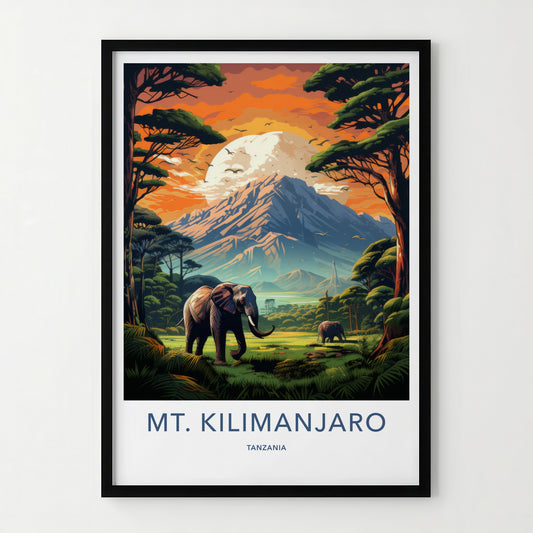 Mount Kilimanjaro Poster - Tanzania Travel Art - Elephants Mountain Sunset Home Decor