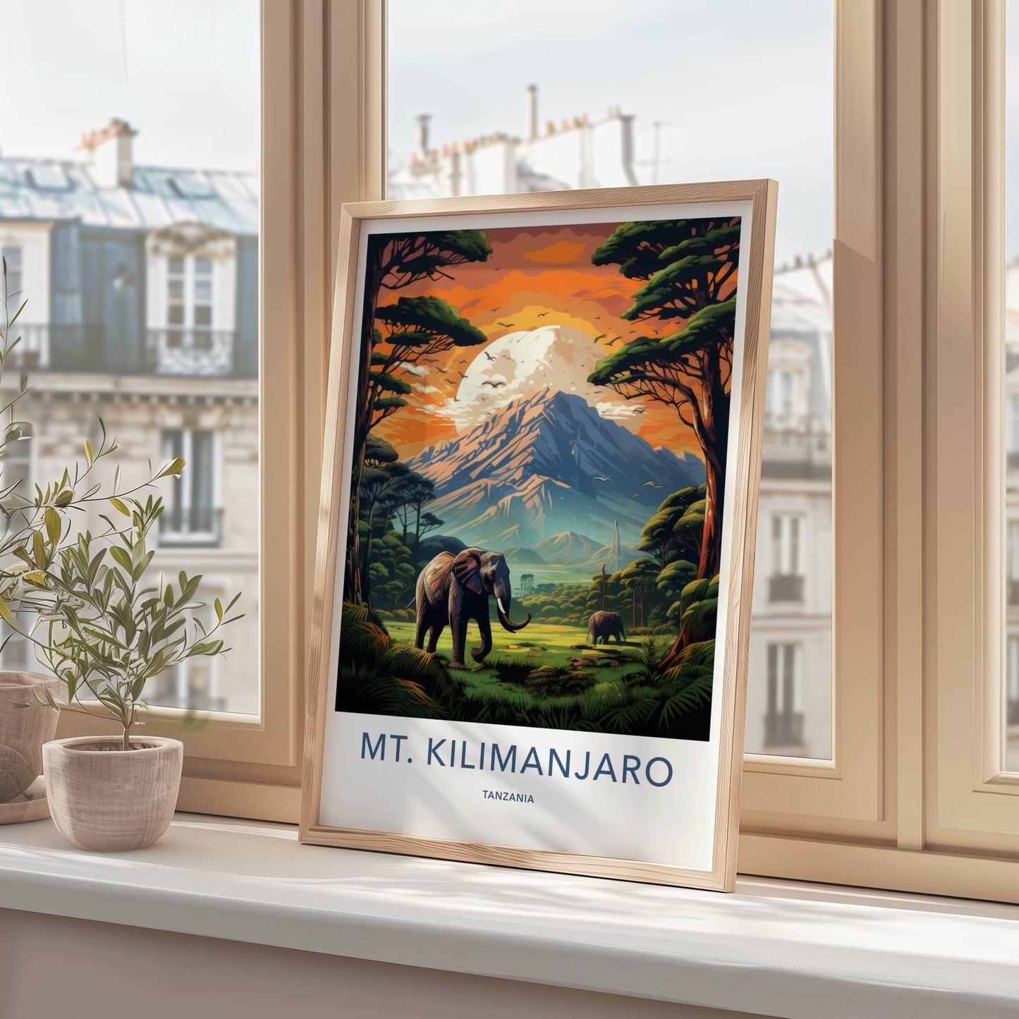 Mount Kilimanjaro Poster - Tanzania Travel Art - Elephants Mountain Sunset Home Decor