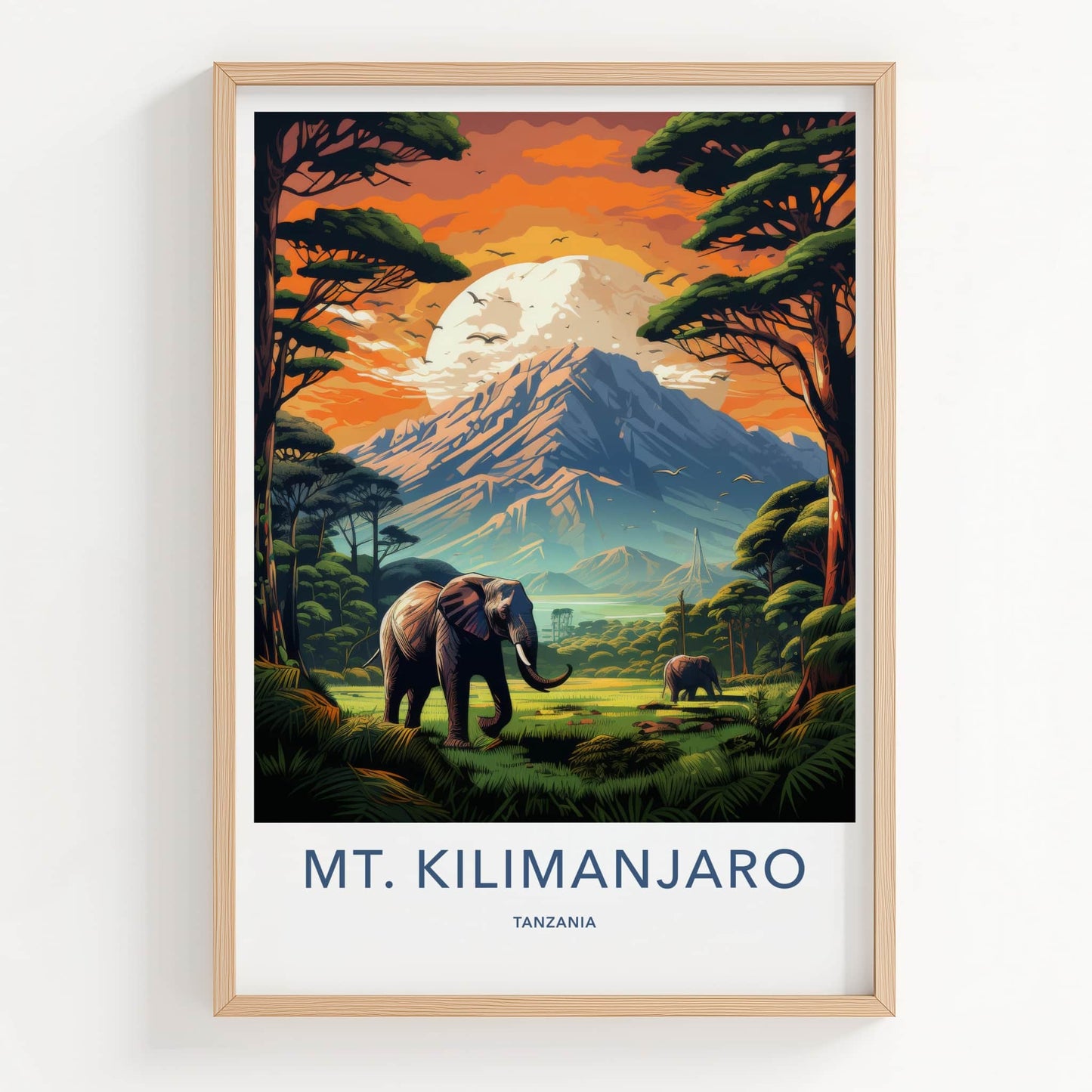 Mount Kilimanjaro Poster - Tanzania Travel Art - Elephants Mountain Sunset Home Decor