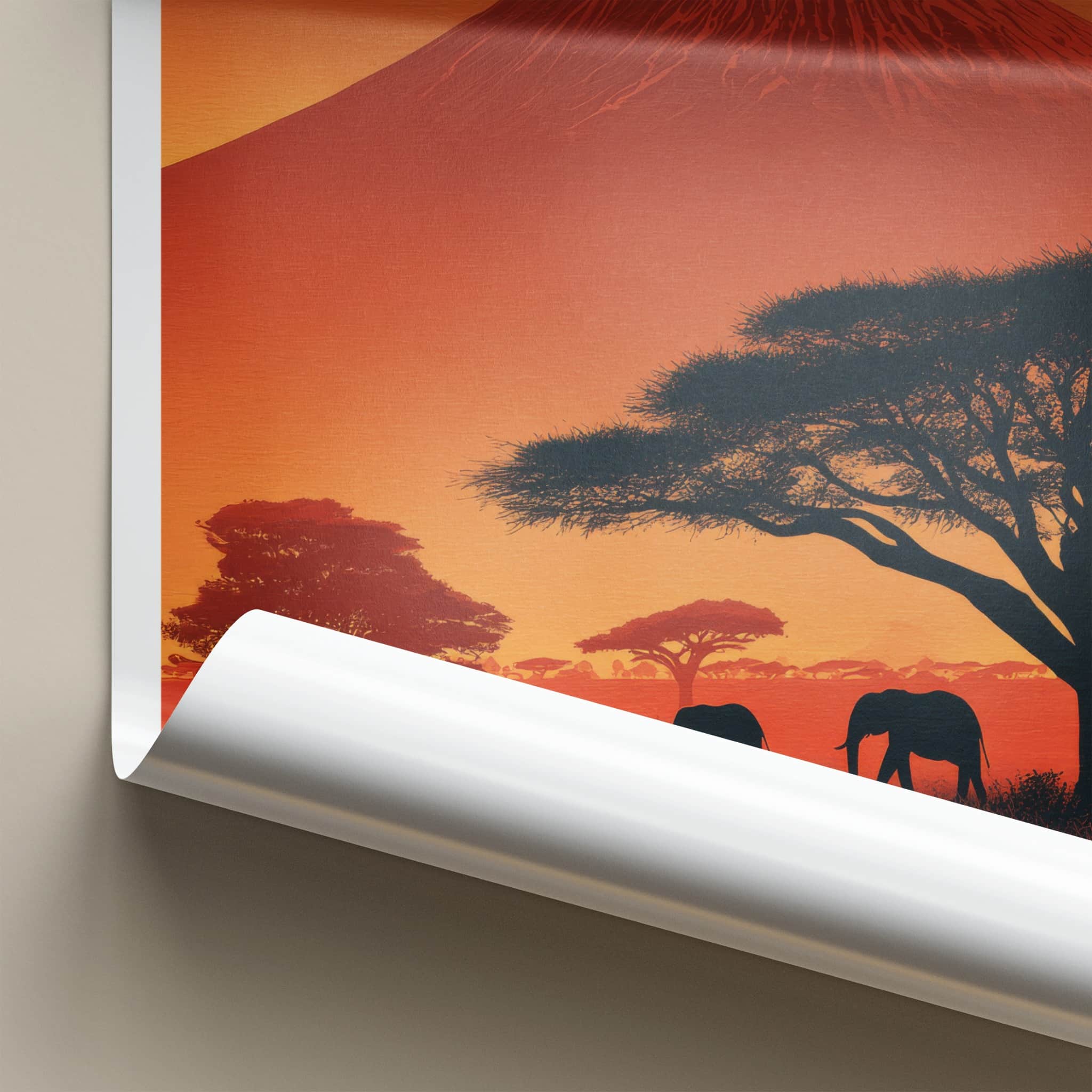 Mount Kilimanjaro Poster - Tanzania Travel Print - Sunset Elephant Scene Home Decor