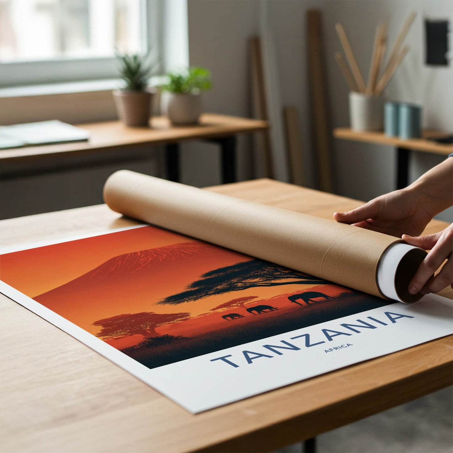 Mount Kilimanjaro Poster - Tanzania Travel Print - Sunset Elephant Scene Home Decor