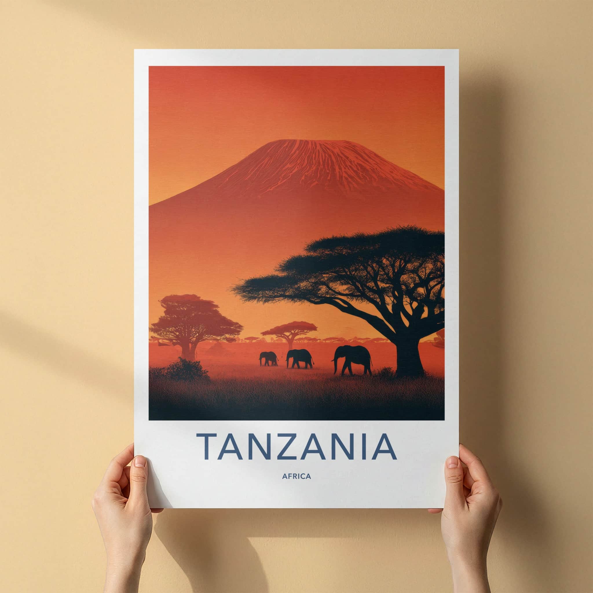 Mount Kilimanjaro Poster - Tanzania Travel Print - Sunset Elephant Scene Home Decor