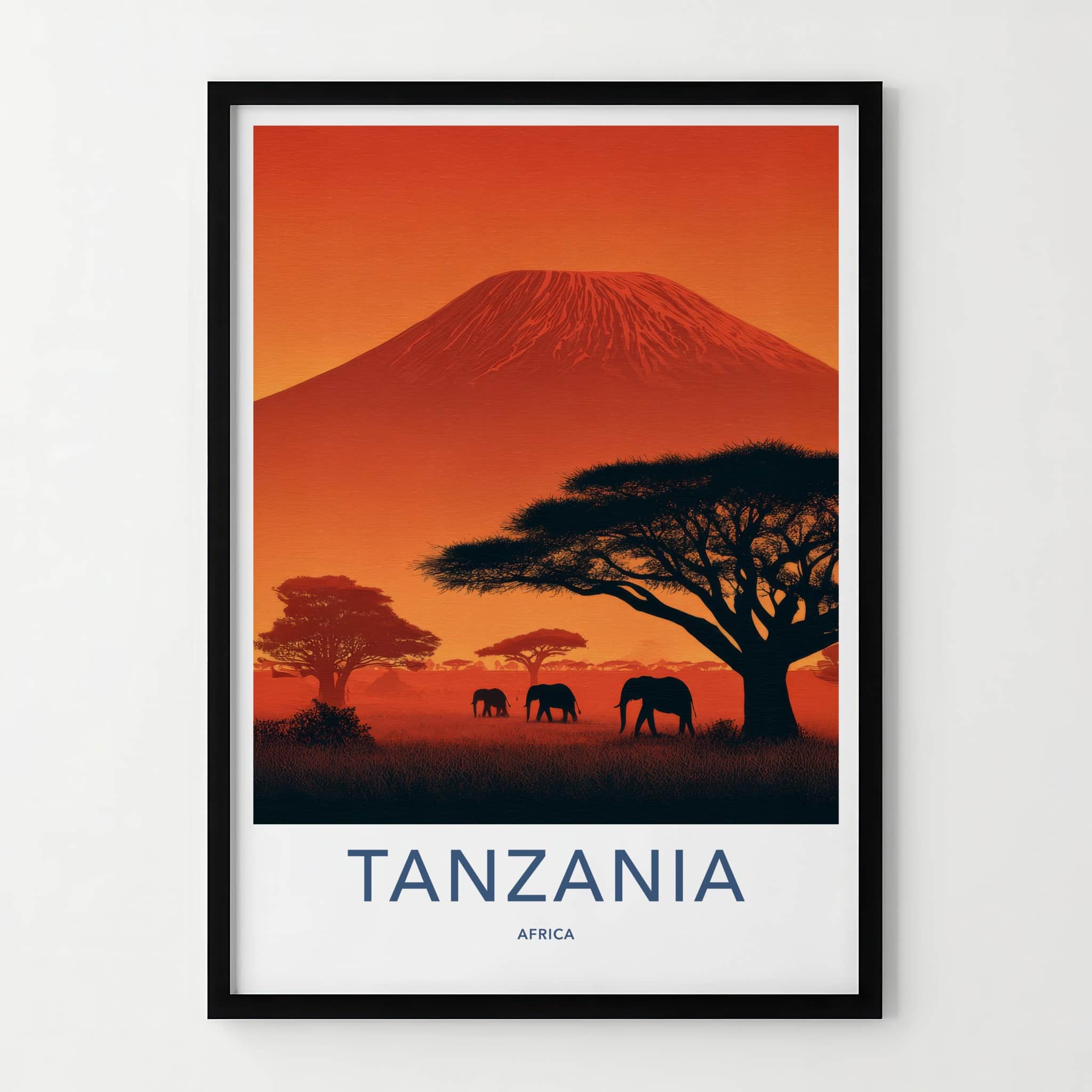 Mount Kilimanjaro Poster - Tanzania Travel Print - Sunset Elephant Scene Home Decor