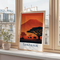 Mount Kilimanjaro Poster - Tanzania Travel Print - Sunset Elephant Scene Home Decor