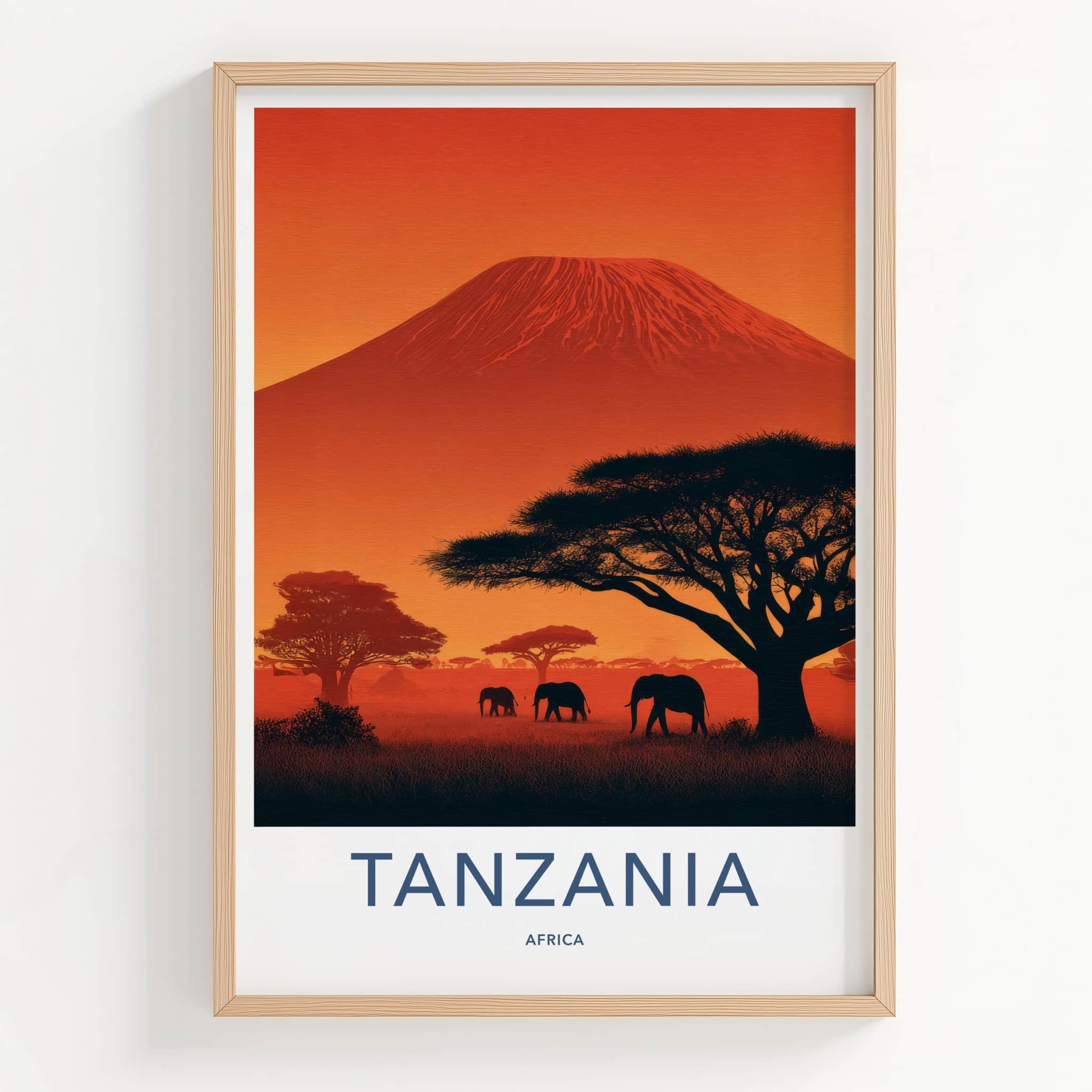 Mount Kilimanjaro Poster - Tanzania Travel Print - Sunset Elephant Scene Home Decor