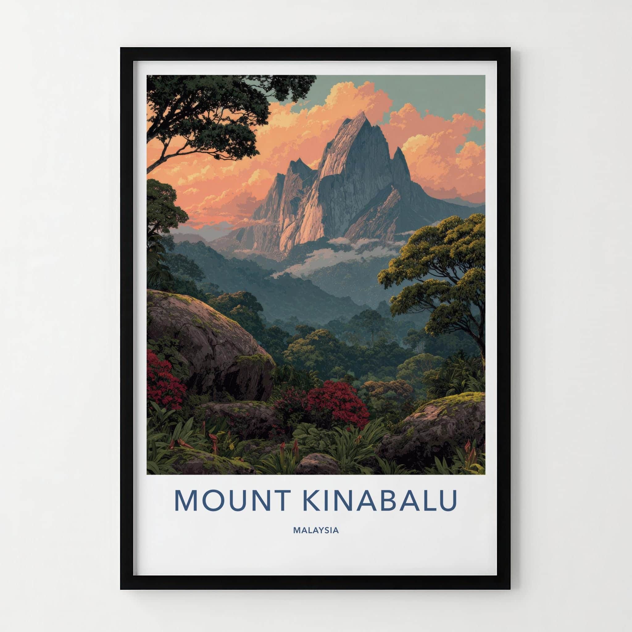 Mount Kinabalu Poster - Malaysia Travel Art - Orange Clouds Jungle Home Decor