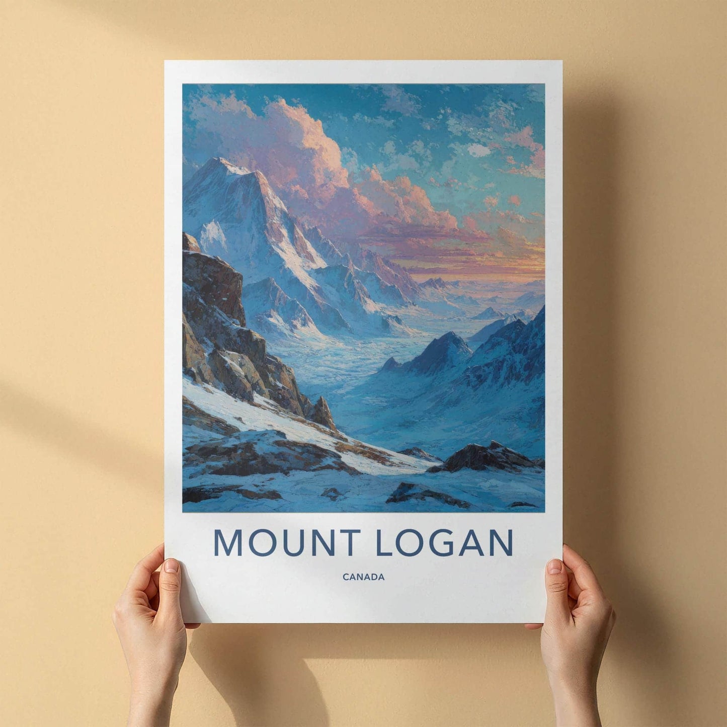 Mount Logan Poster - Canada Travel Art - Snowy Mountain Valley Home Decor