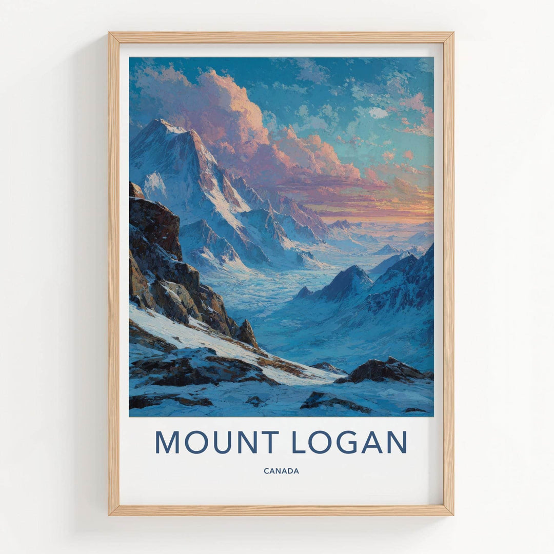 Mount Logan Poster - Canada Travel Art - Snowy Mountain Valley Home Decor