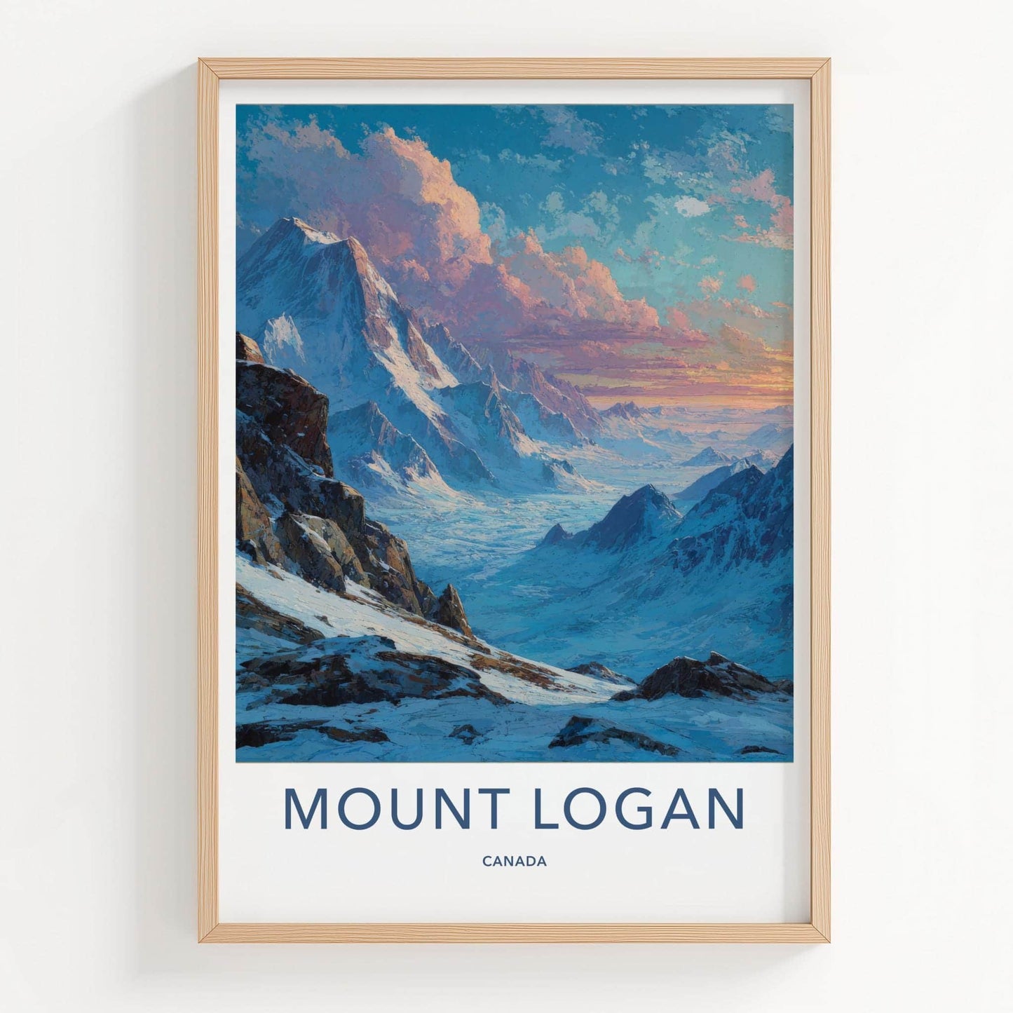 Mount Logan Poster - Canada Travel Art - Snowy Mountain Valley Home Decor
