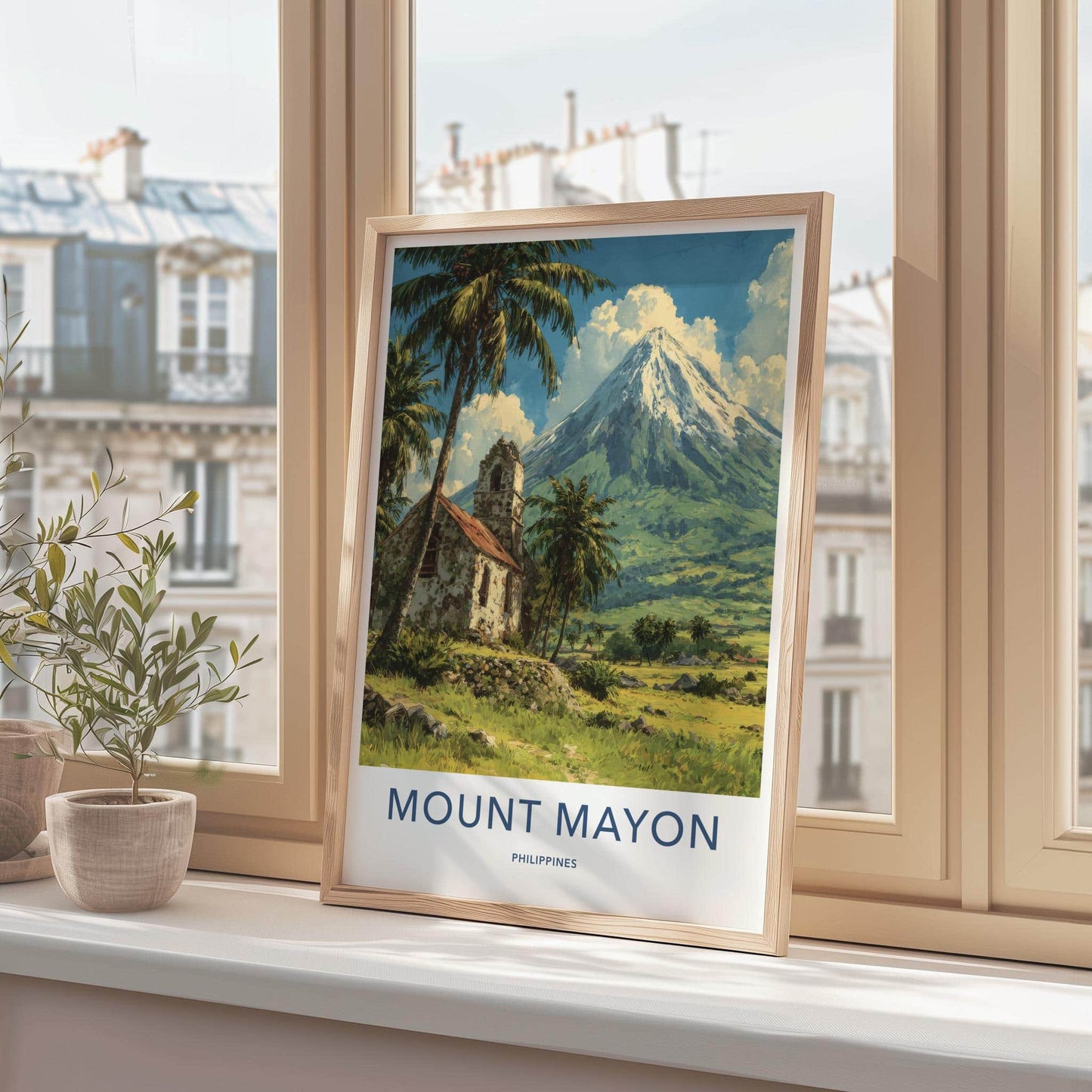 Mount Mayon Poster - Philippines Travel Art - Historic Church Volcano Home Decor