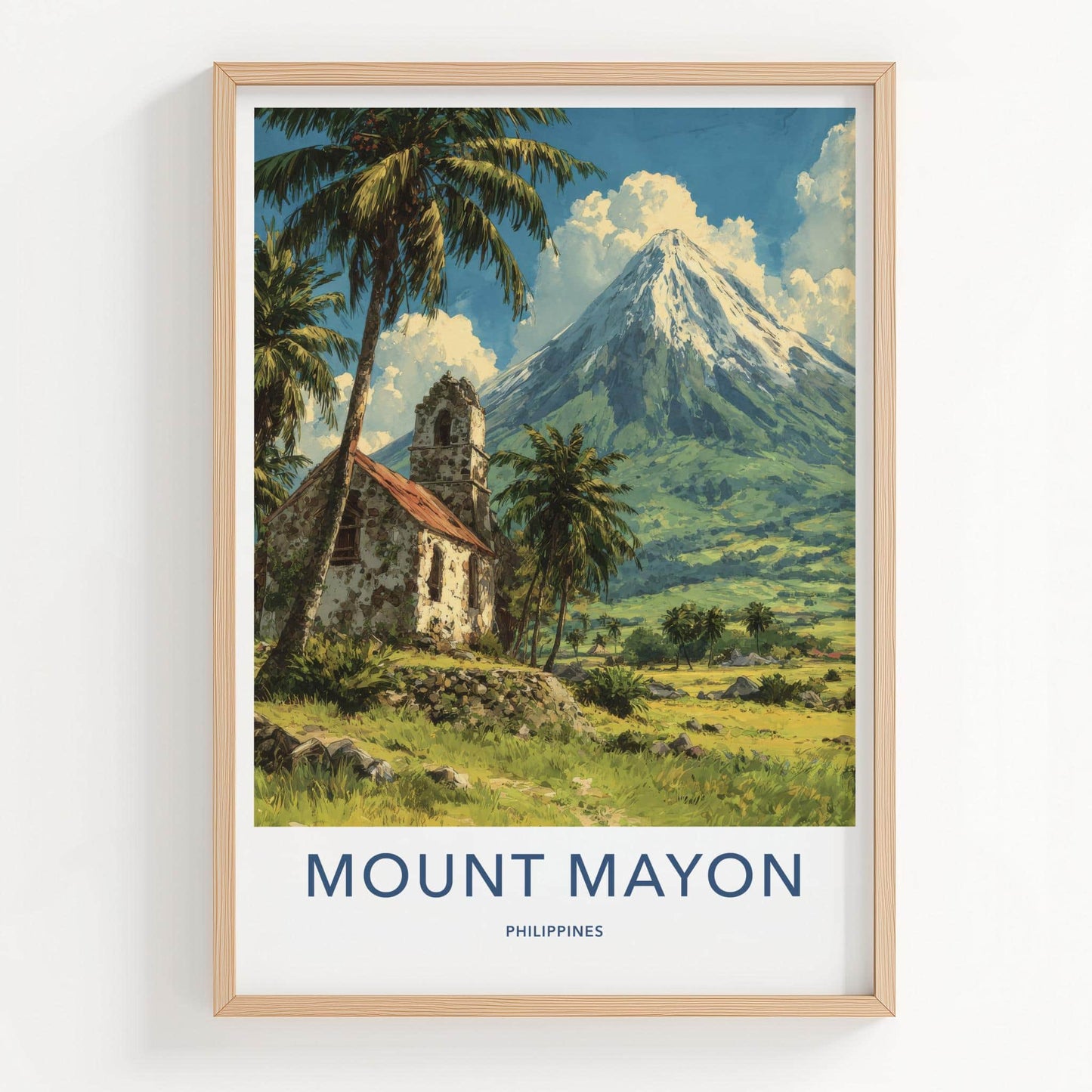 Mount Mayon Poster - Philippines Travel Art - Historic Church Volcano Home Decor