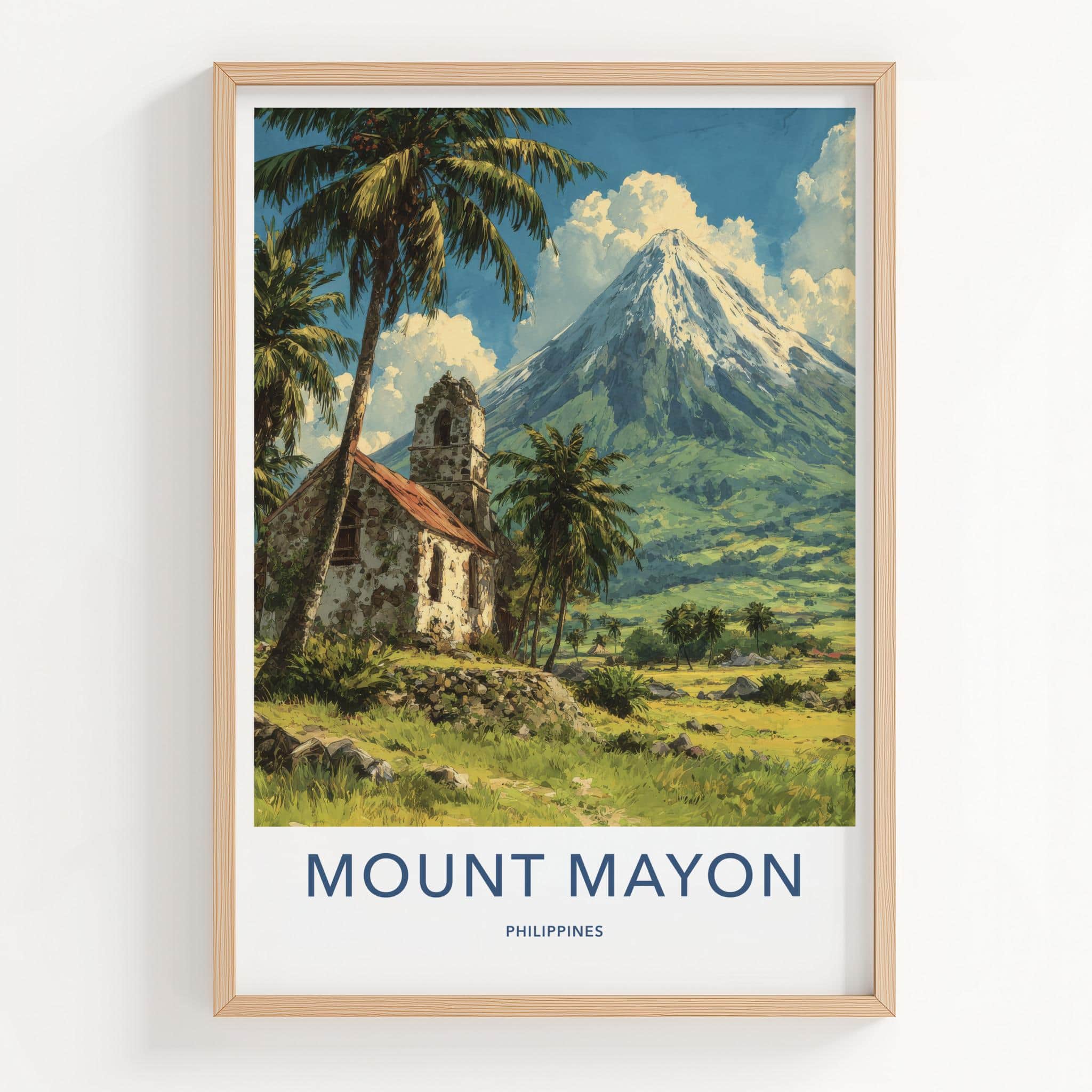 Mount Mayon Poster - Philippines Travel Art - Historic Church Volcano Home Decor