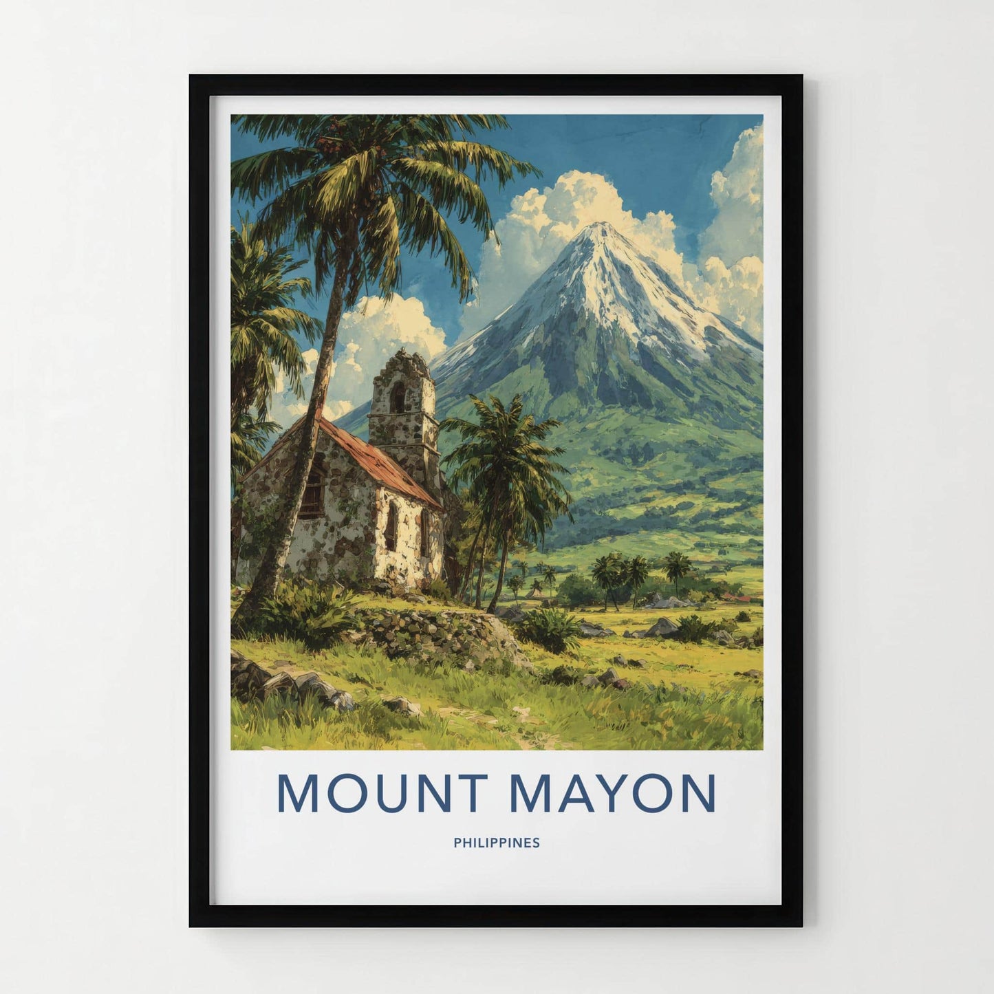 Mount Mayon Poster - Philippines Travel Art - Historic Church Volcano Home Decor