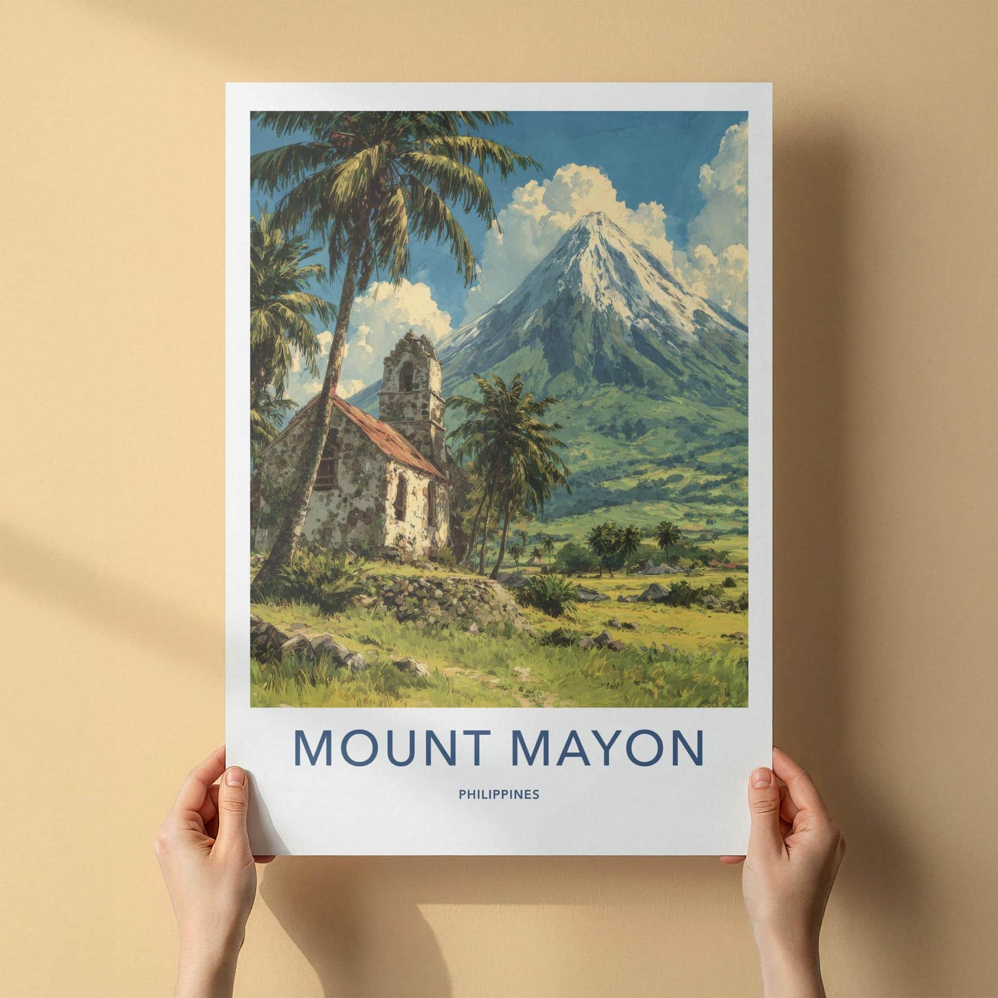 Mount Mayon Poster - Philippines Travel Art - Historic Church Volcano Home Decor