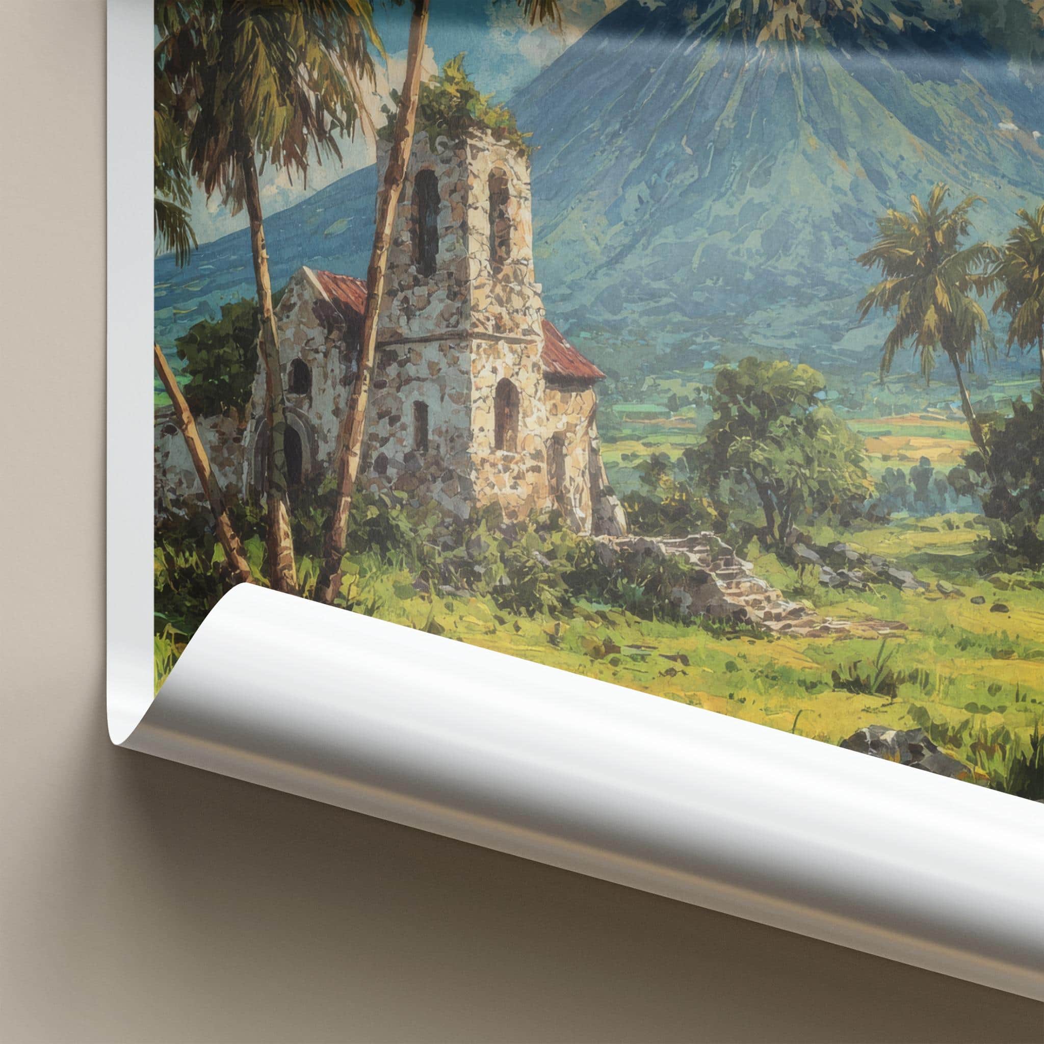 Mount Mayon Poster - Philippines Travel Art - Stone Church Volcano Home Decor