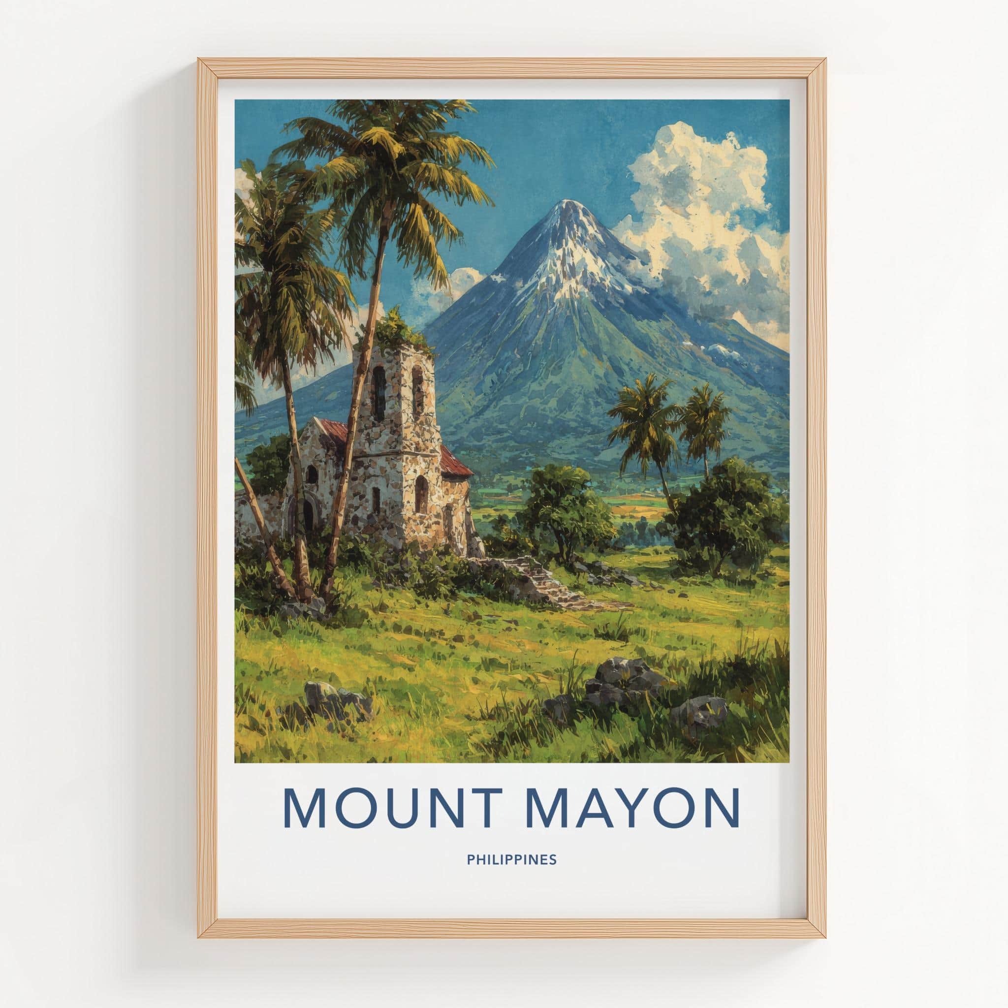 Mount Mayon Poster - Philippines Travel Art - Stone Church Volcano Home Decor