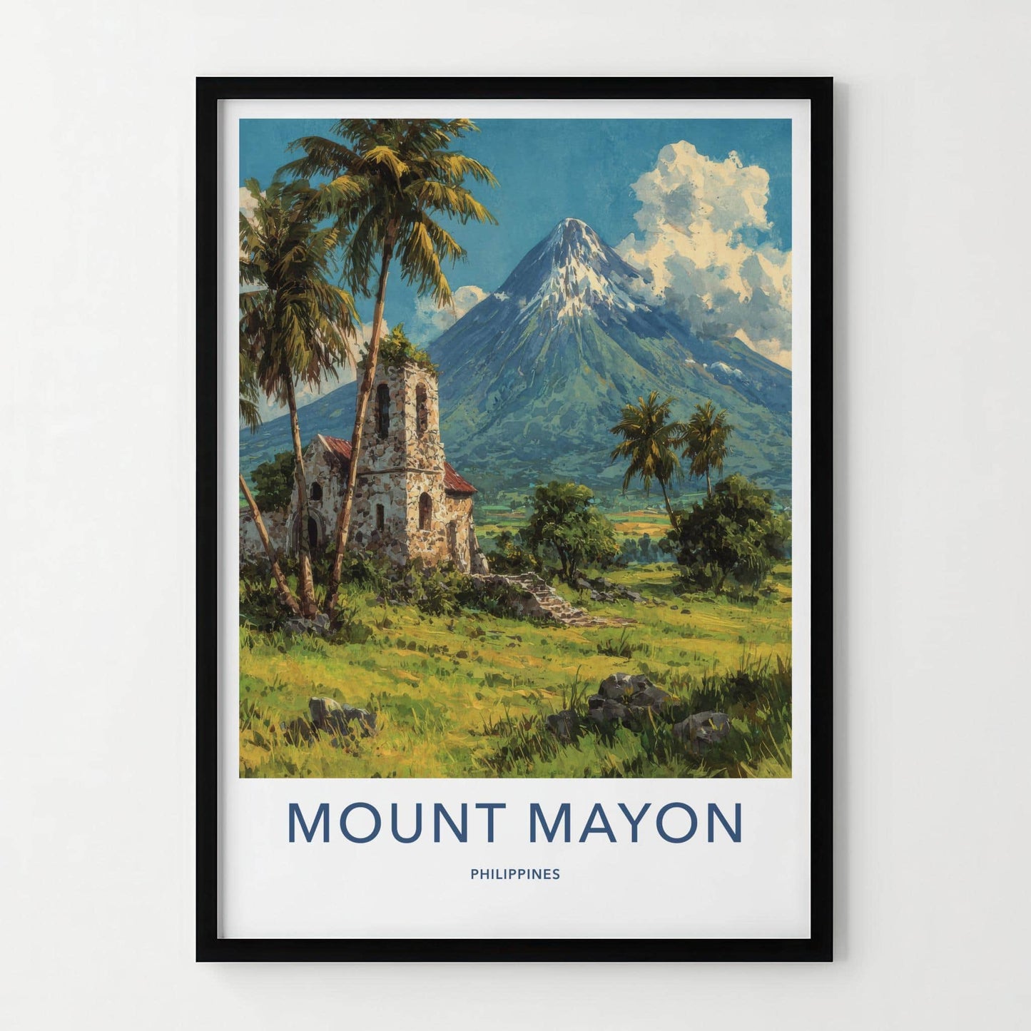 Mount Mayon Poster - Philippines Travel Art - Stone Church Volcano Home Decor