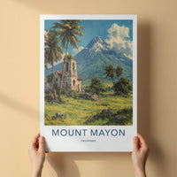 Mount Mayon Poster - Philippines Travel Art - Stone Church Volcano Home Decor
