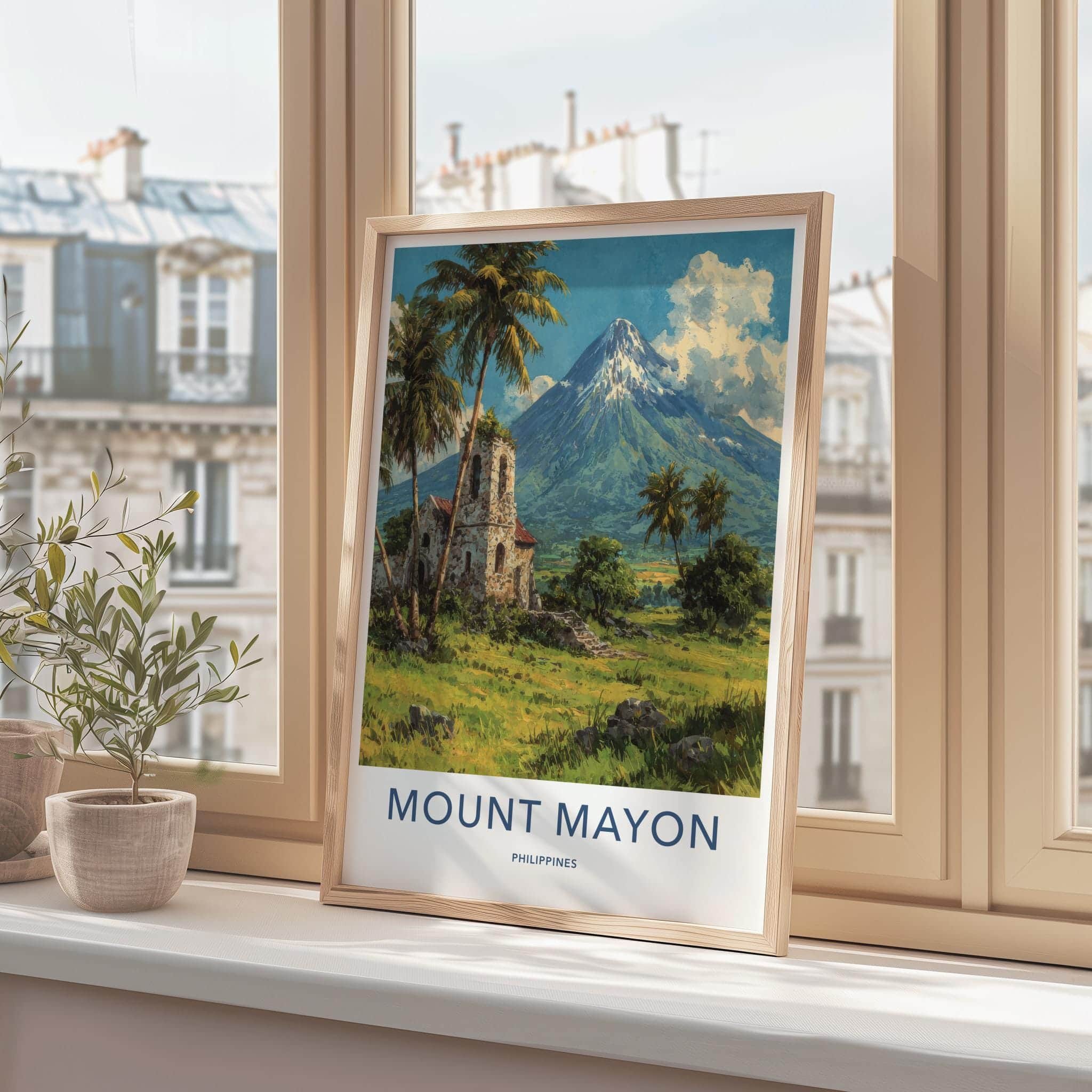 Mount Mayon Poster - Philippines Travel Art - Stone Church Volcano Home Decor
