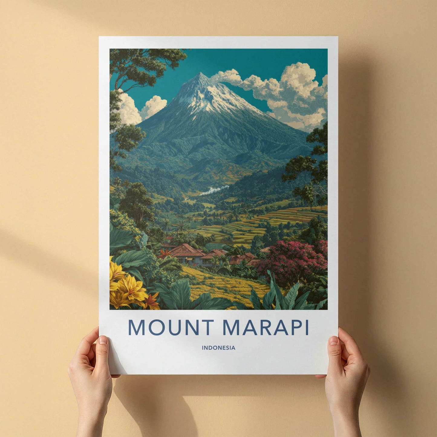 Mount Merapi Poster - Indonesia Wall Art - Volcanic Mountain Rice Home Decor