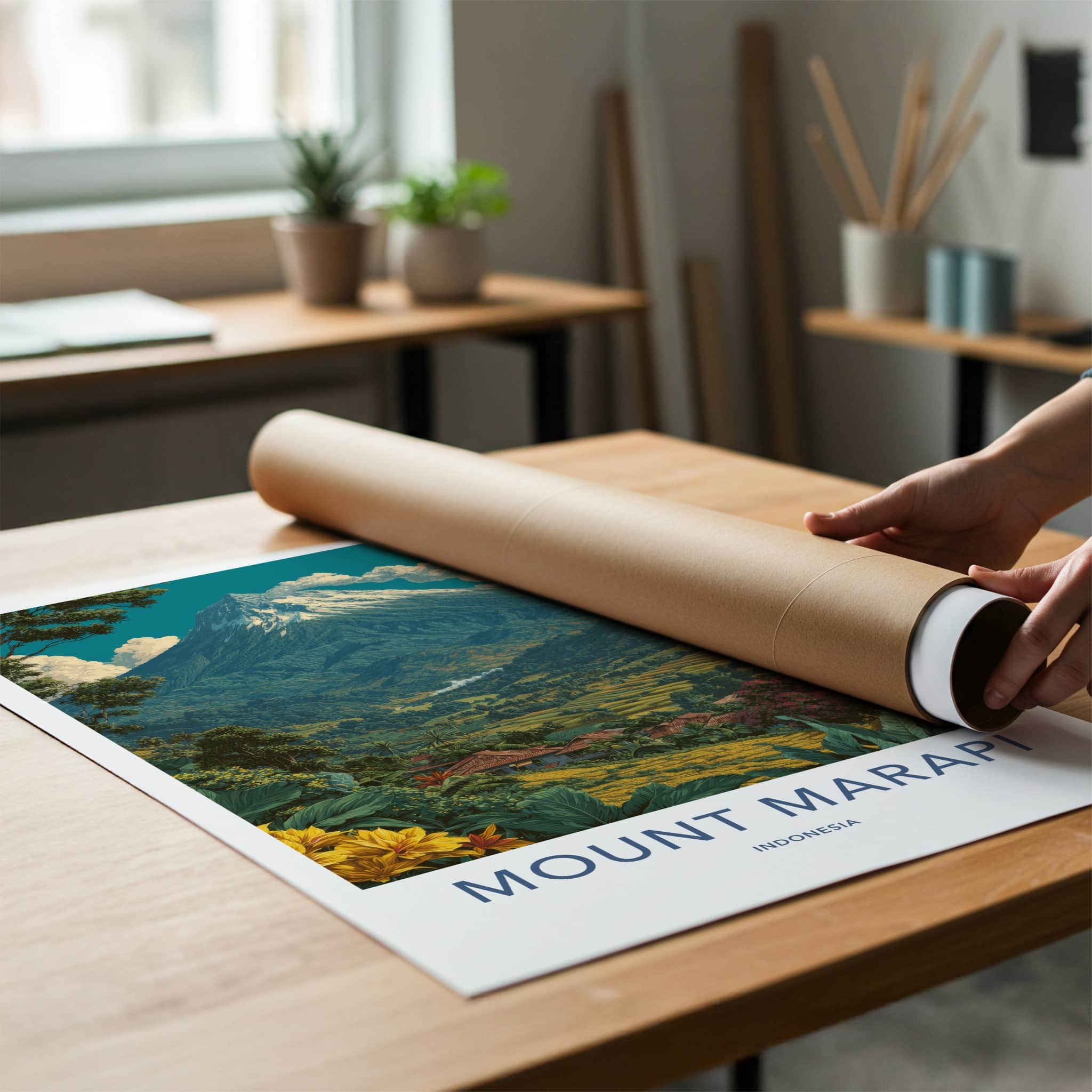 Mount Merapi Poster - Indonesia Wall Art - Volcanic Mountain Rice Home Decor