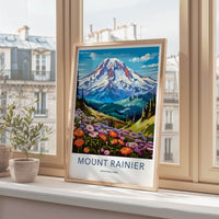 Mount Rainier National Park Poster - Washington Fine Art - Snow Peak Flowers Gift
