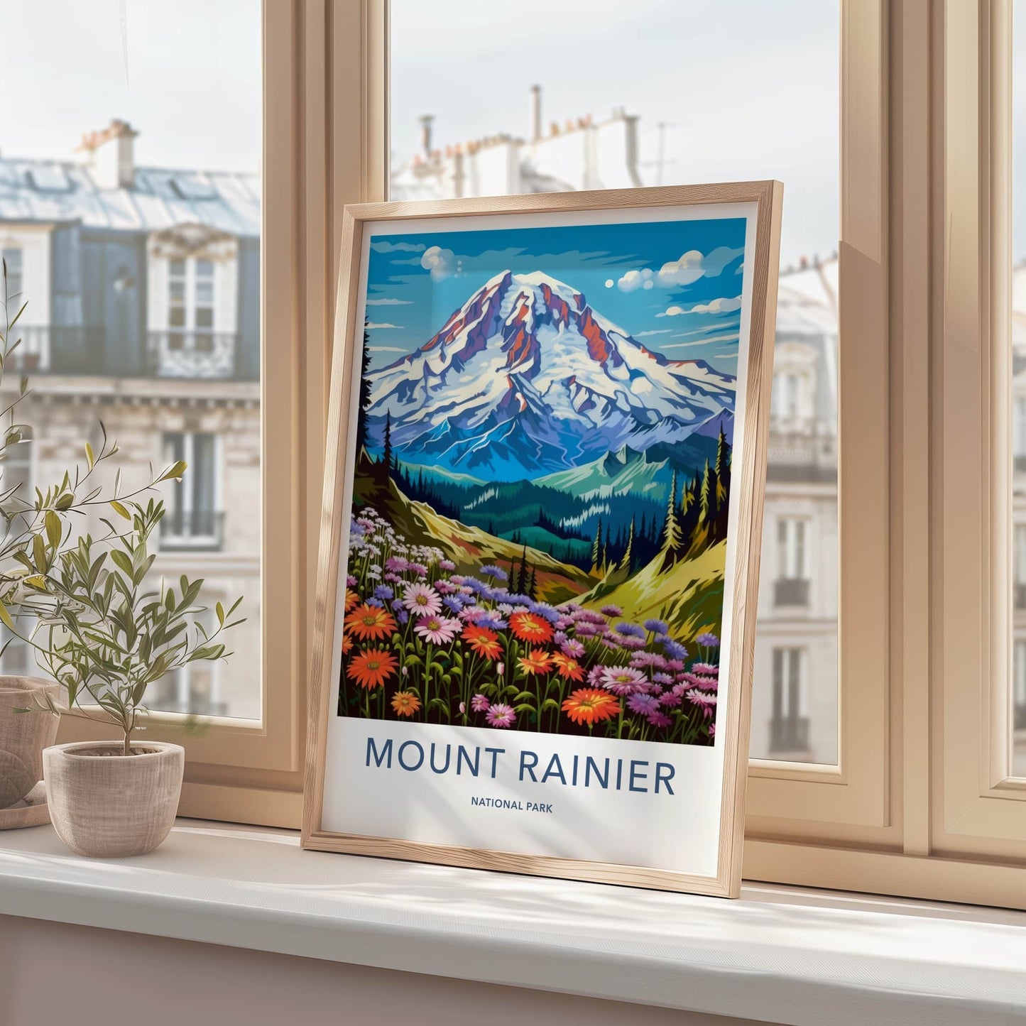 Mount Rainier National Park Poster - Washington Fine Art - Snow Peak Flowers Gift