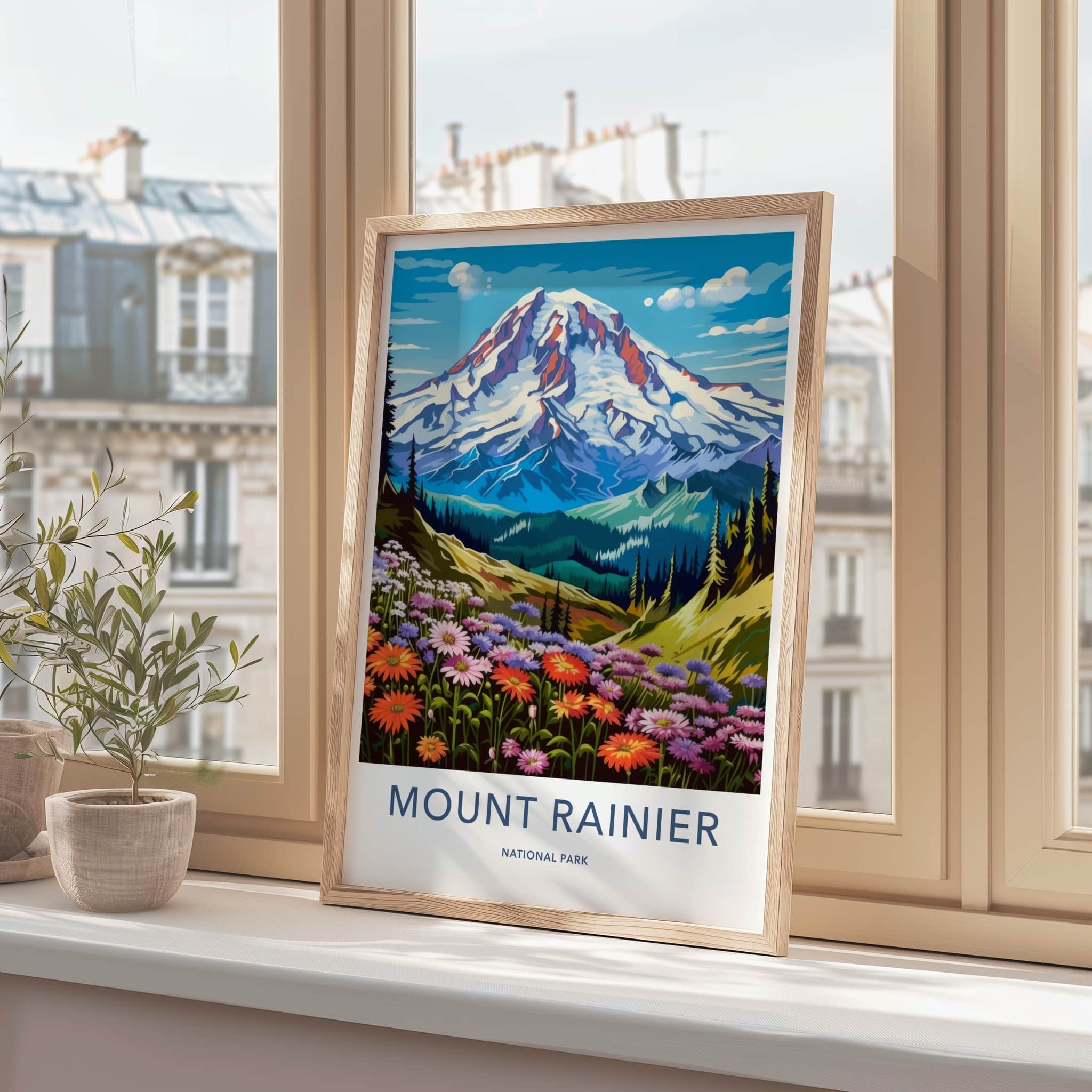 Mount Rainier National Park Poster - Washington Fine Art - Snow Peak Flowers Gift