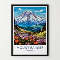 Mount Rainier National Park Poster - Washington Fine Art - Snow Peak Flowers Gift
