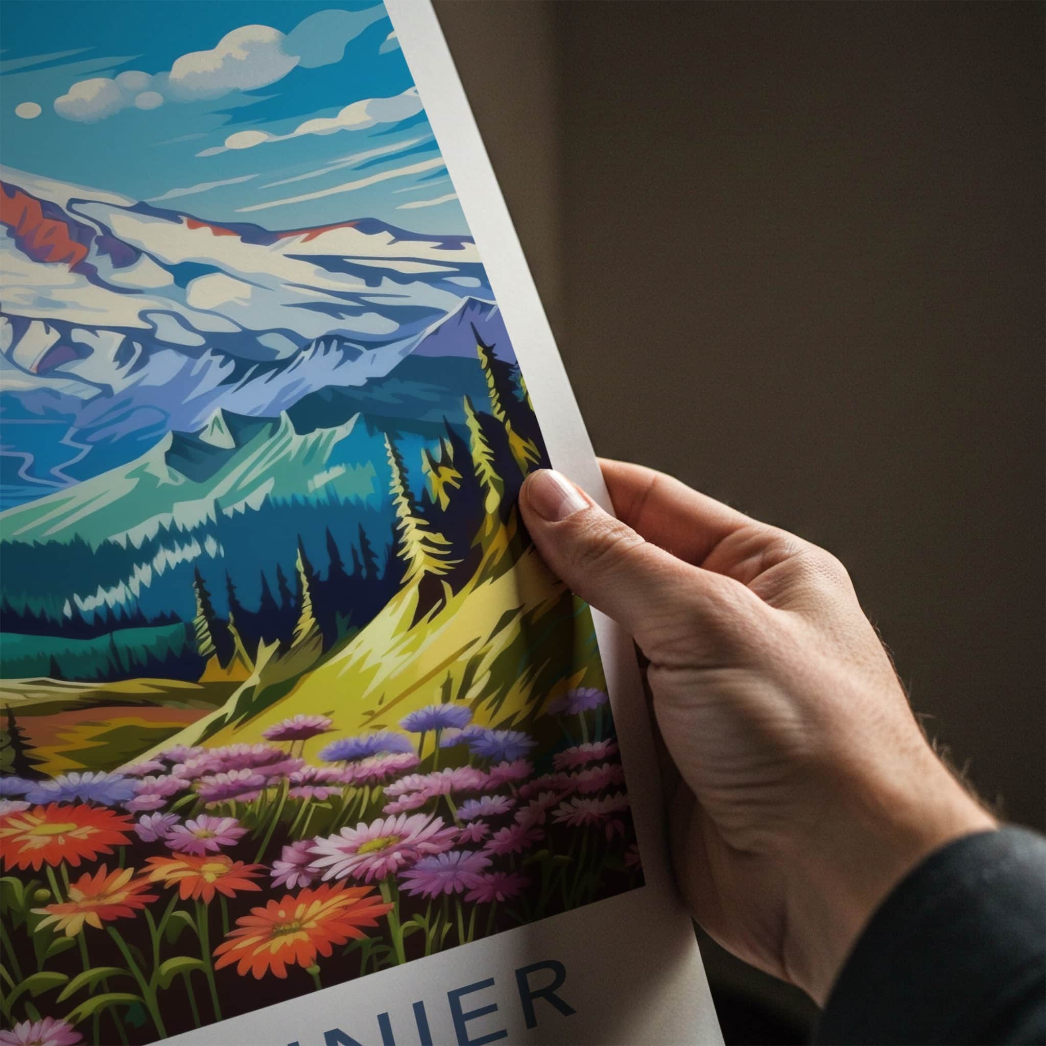 Mount Rainier National Park Poster - Washington Fine Art - Snow Peak Flowers Gift