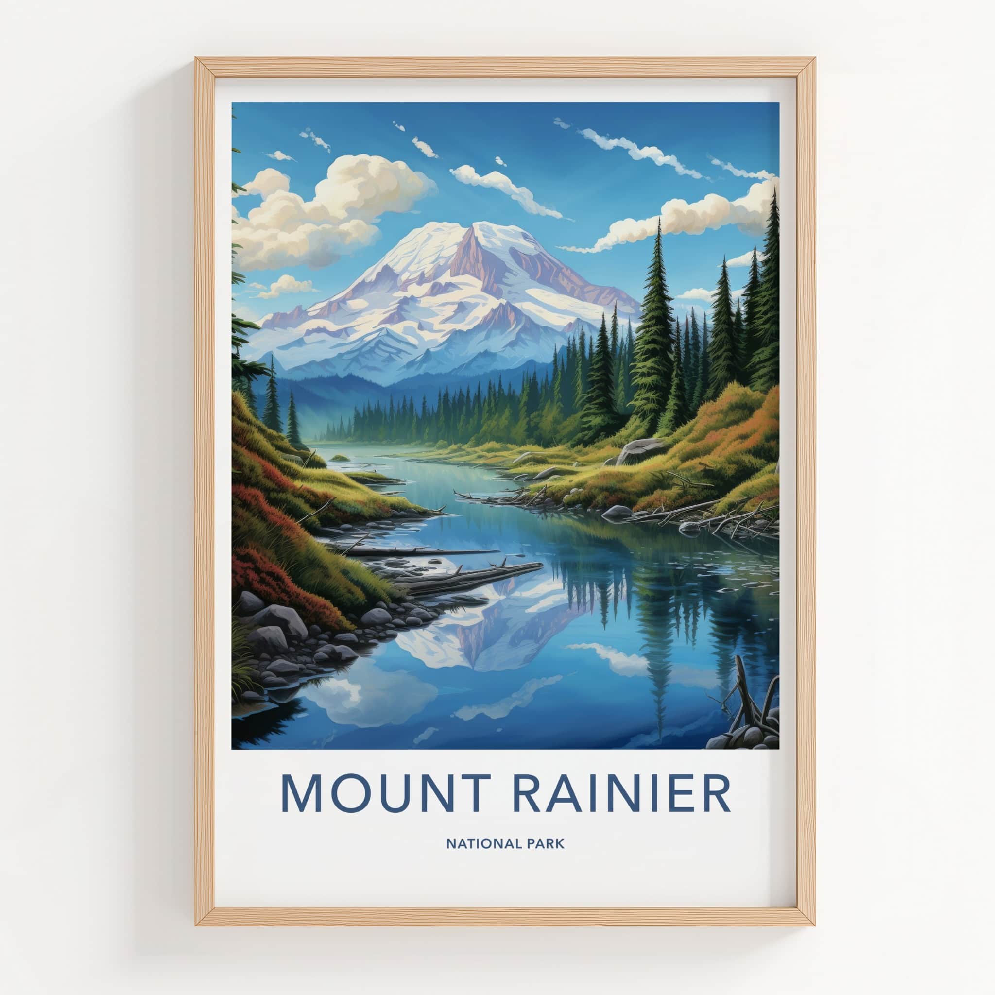 Mount Rainier National Park Poster - Washington Travel Art - Snowy Peak Reflection Home Decor