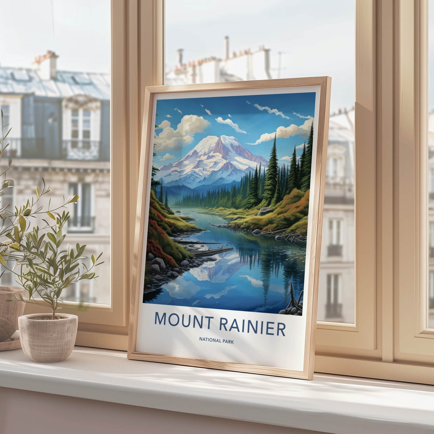 Mount Rainier National Park Poster - Washington Travel Art - Snowy Peak Reflection Home Decor