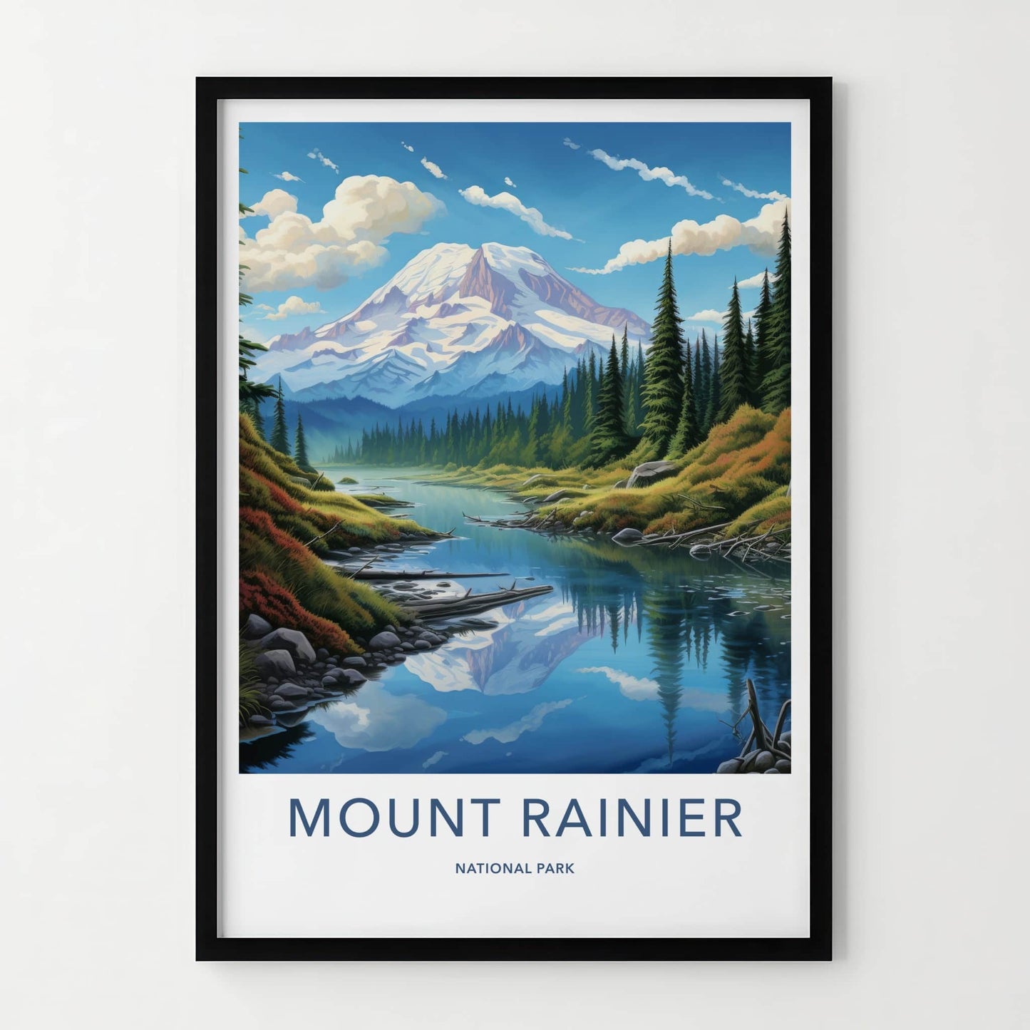 Mount Rainier National Park Poster - Washington Travel Art - Snowy Peak Reflection Home Decor