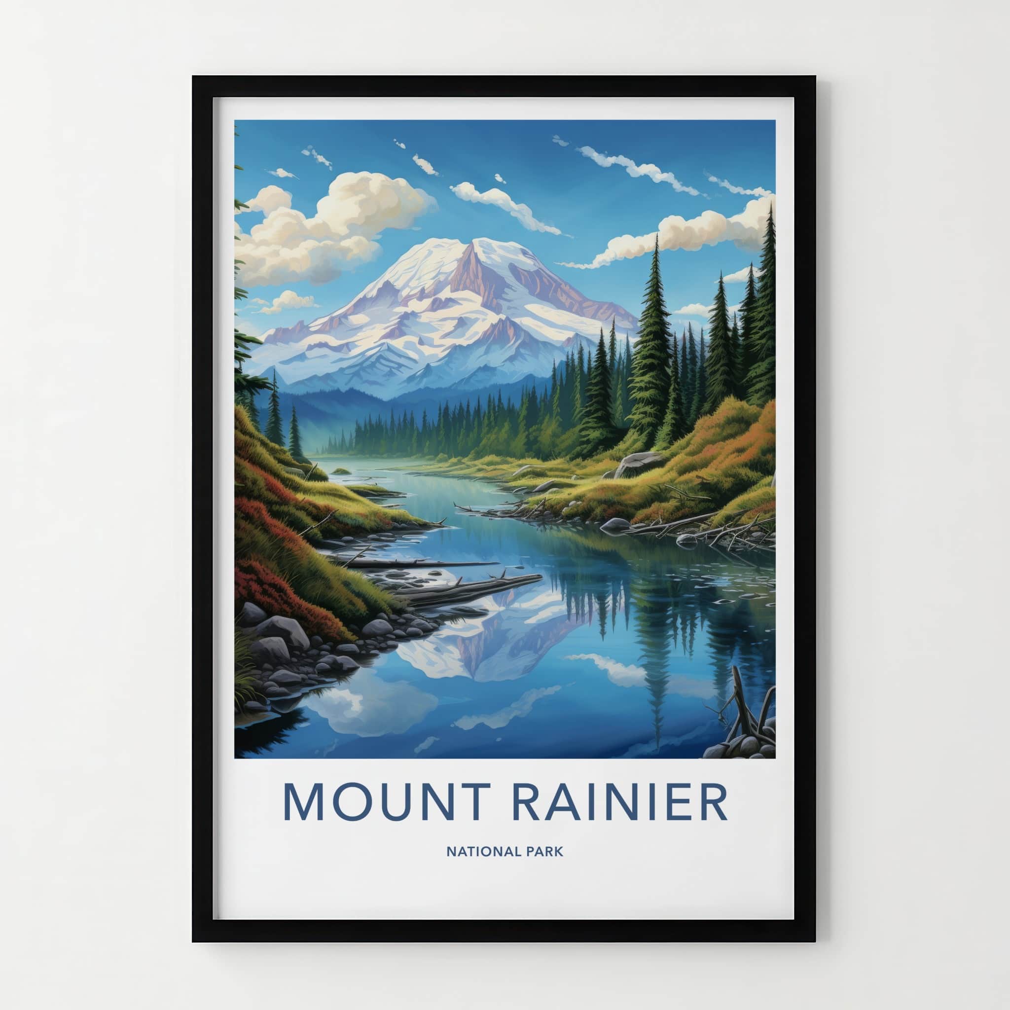 Mount Rainier National Park Poster - Washington Travel Art - Snowy Peak Reflection Home Decor
