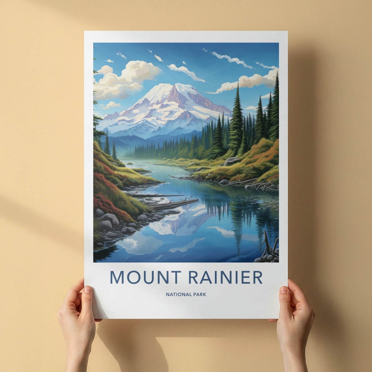 Mount Rainier National Park Poster - Washington Travel Art - Snowy Peak Reflection Home Decor