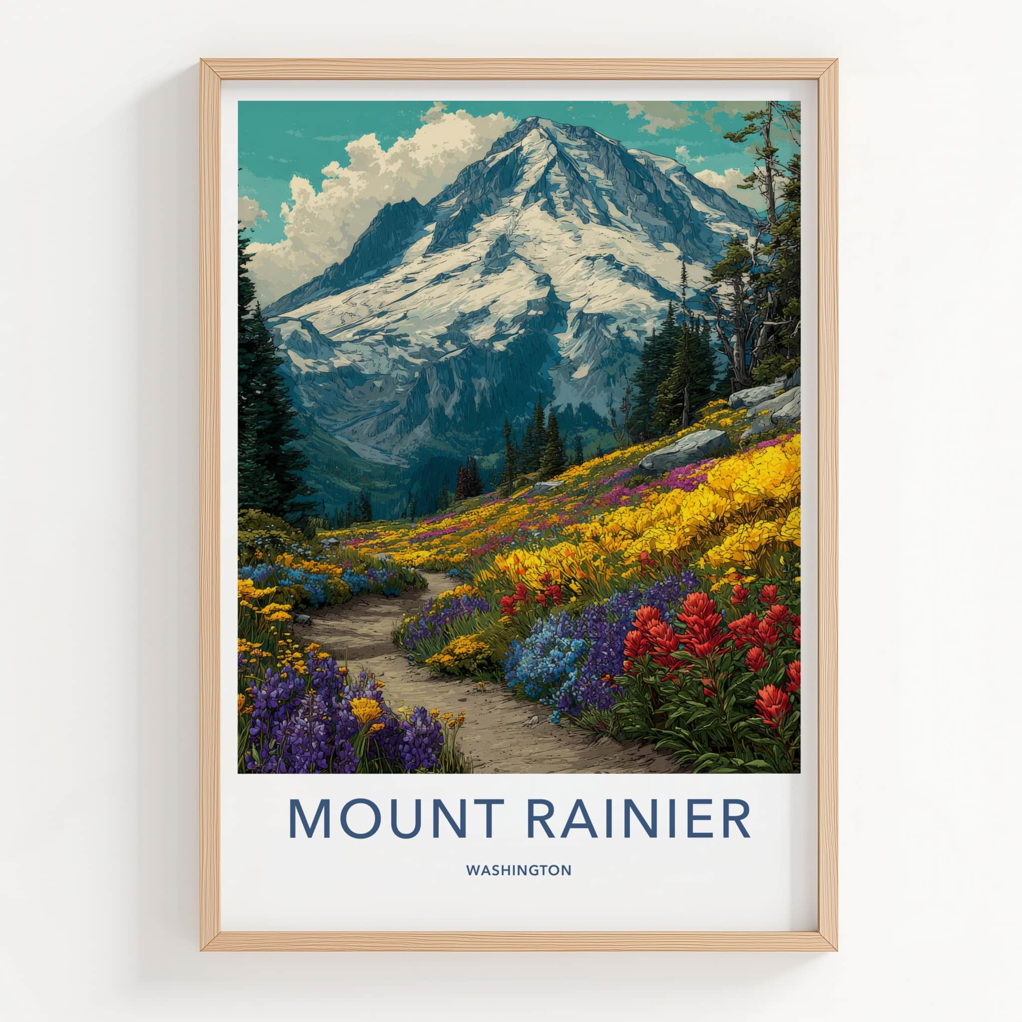 Mount Rainier Poster - Washington Framed Art - Snowy Peak Flowers Home Decor