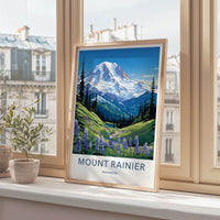 Mount Rainier Poster - Washington Travel Art - Alpine Meadow Flowers Home Decor