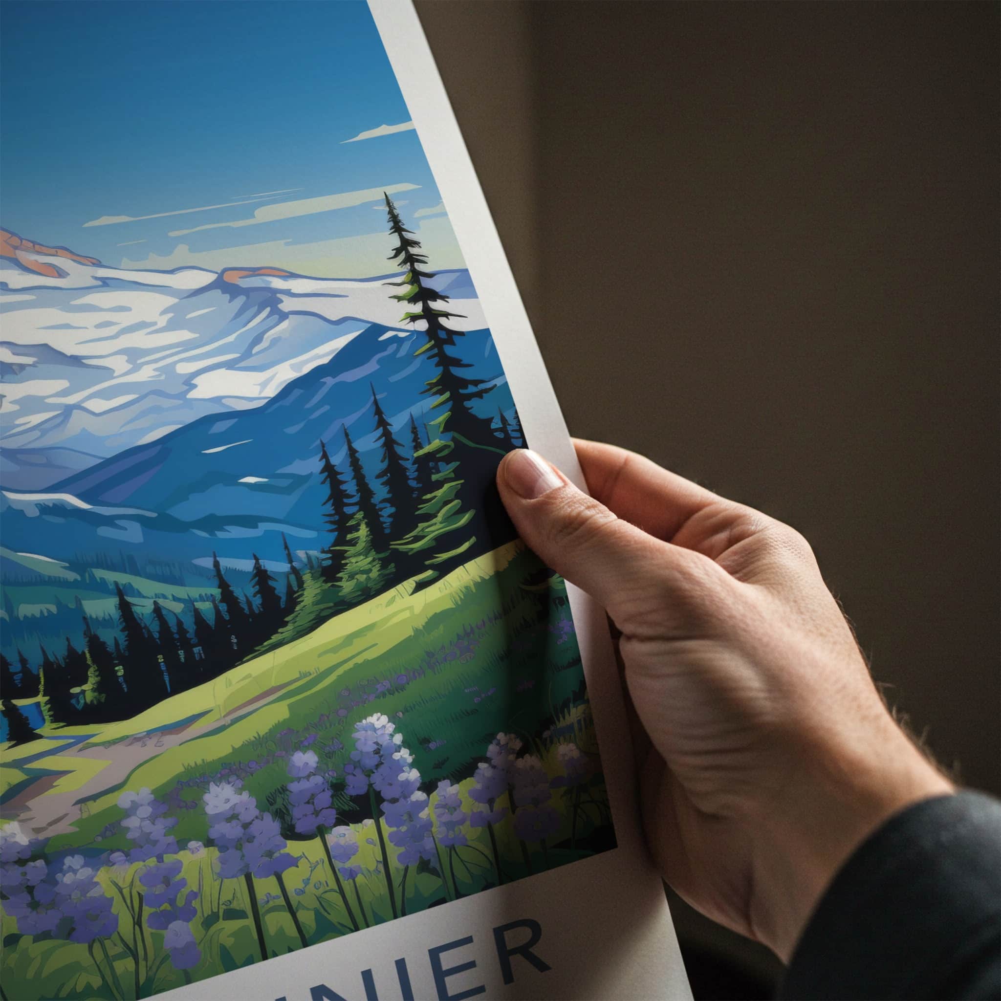 Mount Rainier Poster - Washington Travel Art - Alpine Meadow Flowers Home Decor