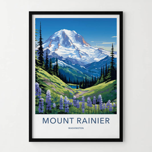 Mount Rainier Poster - Washington Travel Art - Alpine Meadow Flowers Home Decor