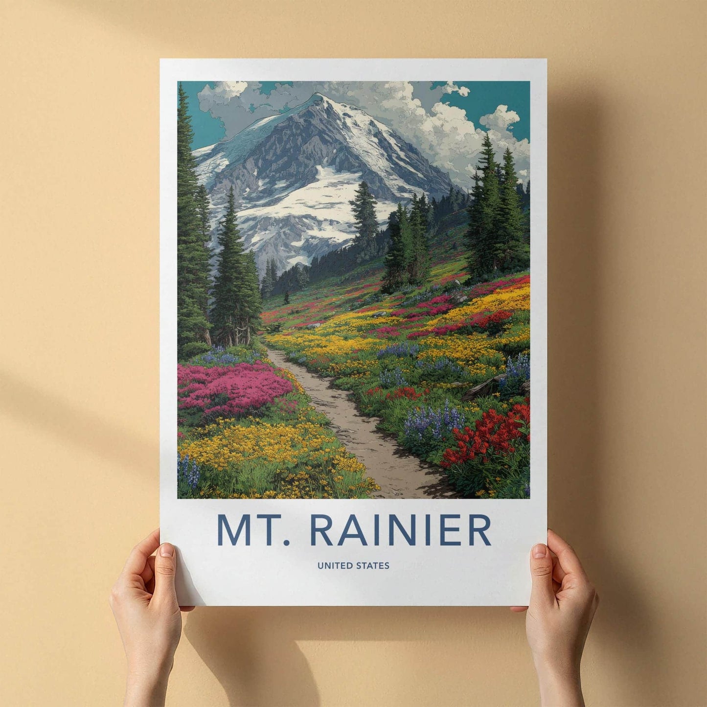 Mount Rainier Poster - Washington Travel Art - Alpine Meadow Path Home Decor