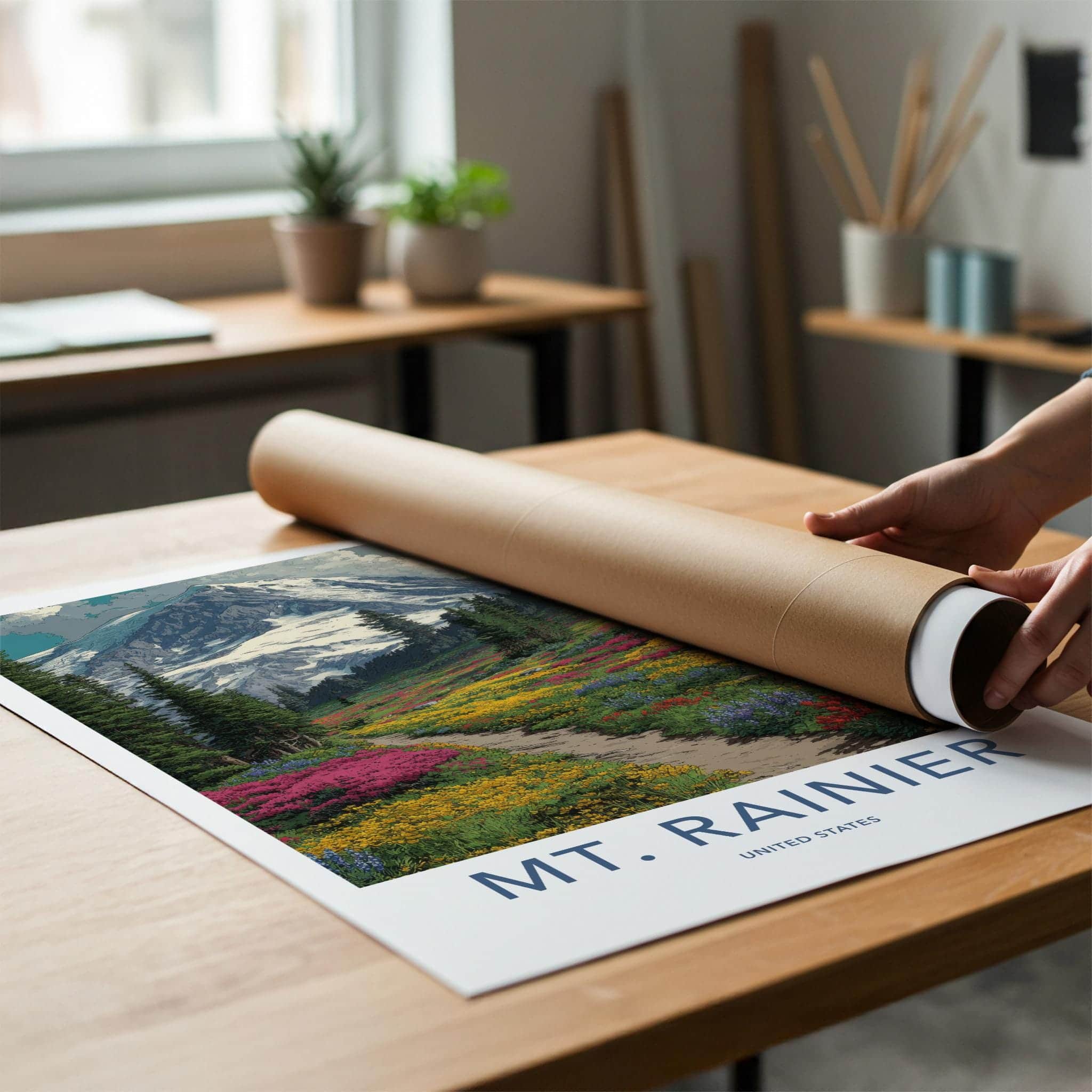 Mount Rainier Poster - Washington Travel Art - Alpine Meadow Path Home Decor