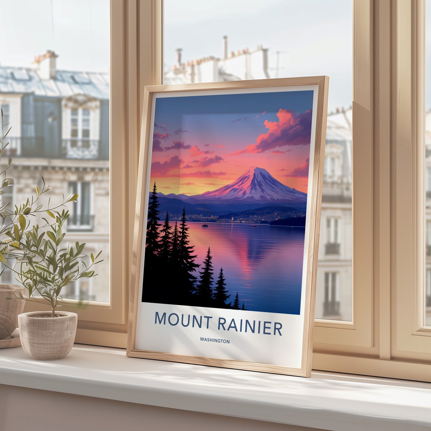 Mount Rainier Poster - Washington Travel Art - Mountain Lake Sunset Home Decor