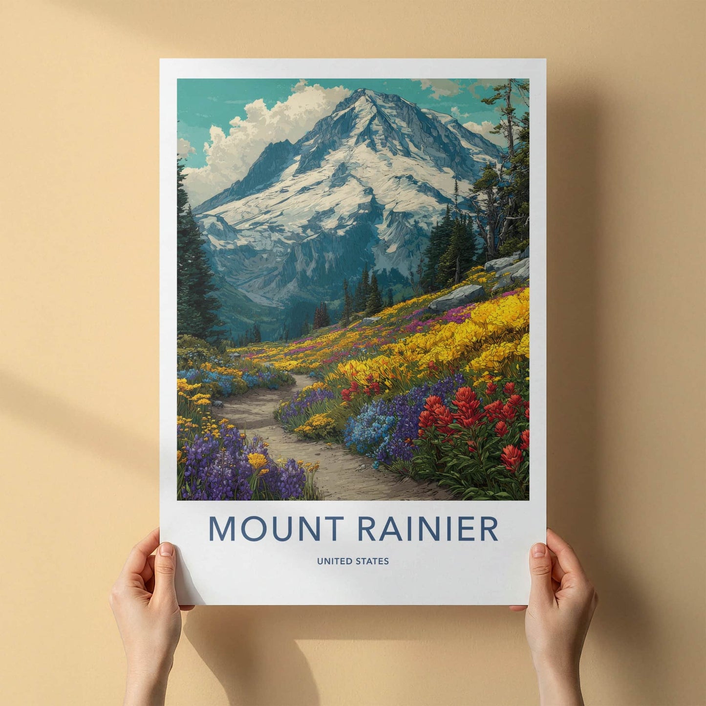 Mount Rainier Poster - Washington Travel Art - Snowy Peak Path Home Decor