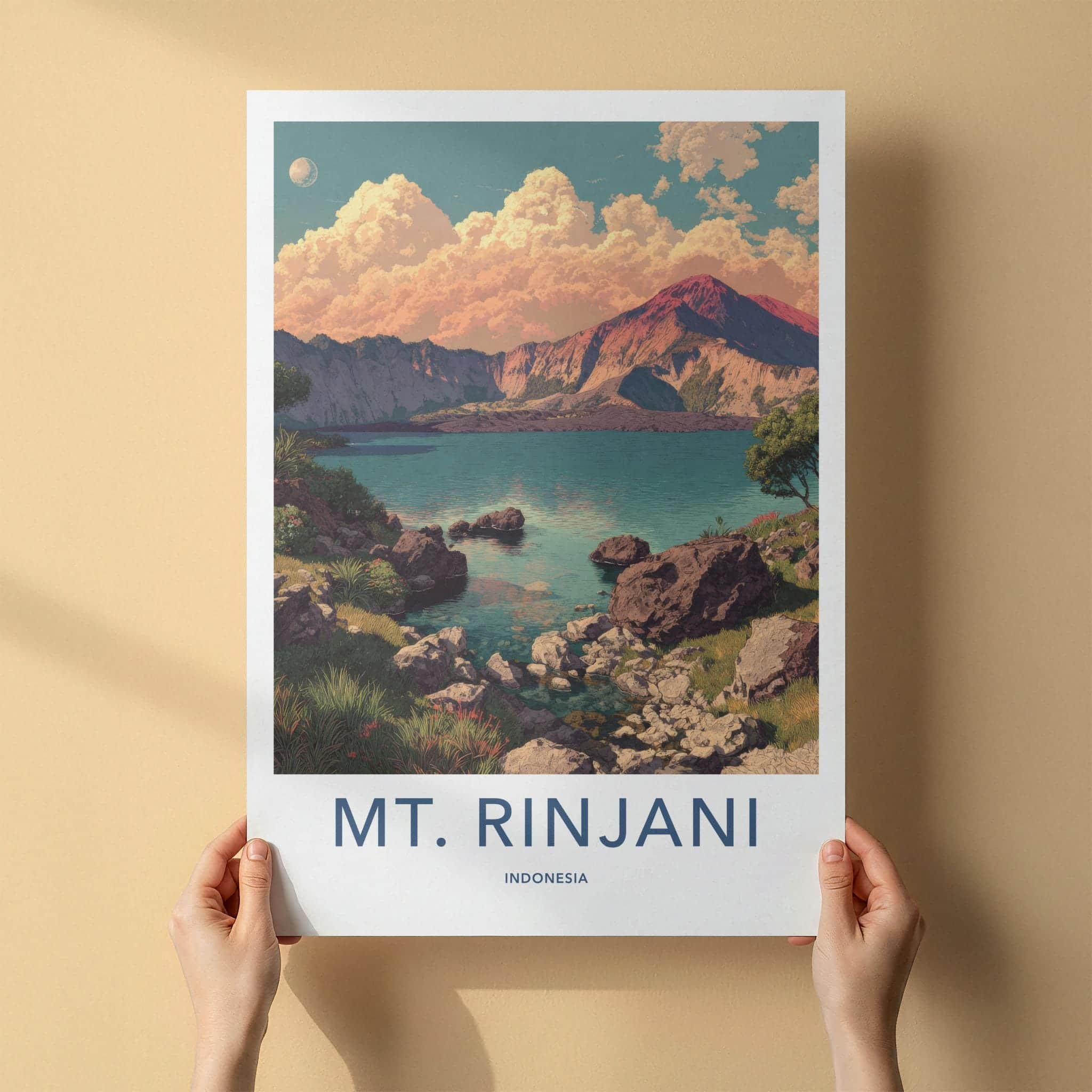 Mount Rinjani Poster - Indonesia Travel Art - Volcano Crater Lake Home Decor