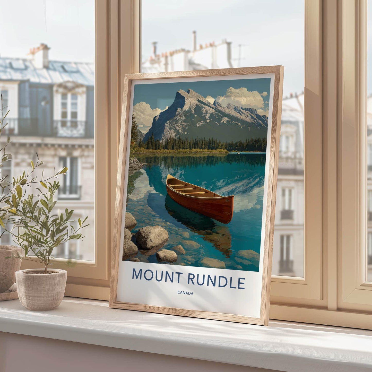 Mount Rundle Poster - Canada Travel Art - Red Canoe Lake Wall Decor