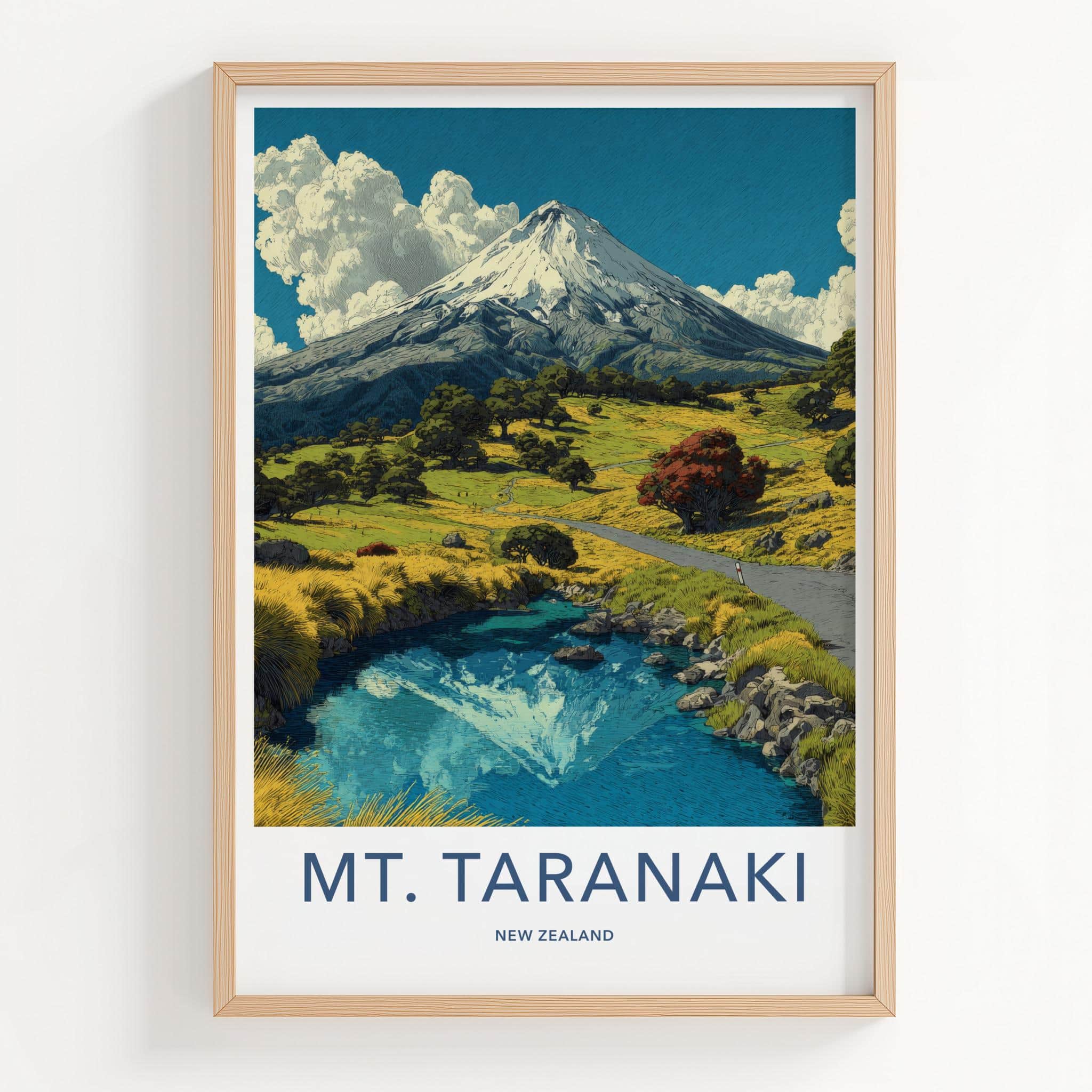 Mount Taranaki Poster - New Zealand Travel Art - Mountain Water Reflection Home Decor