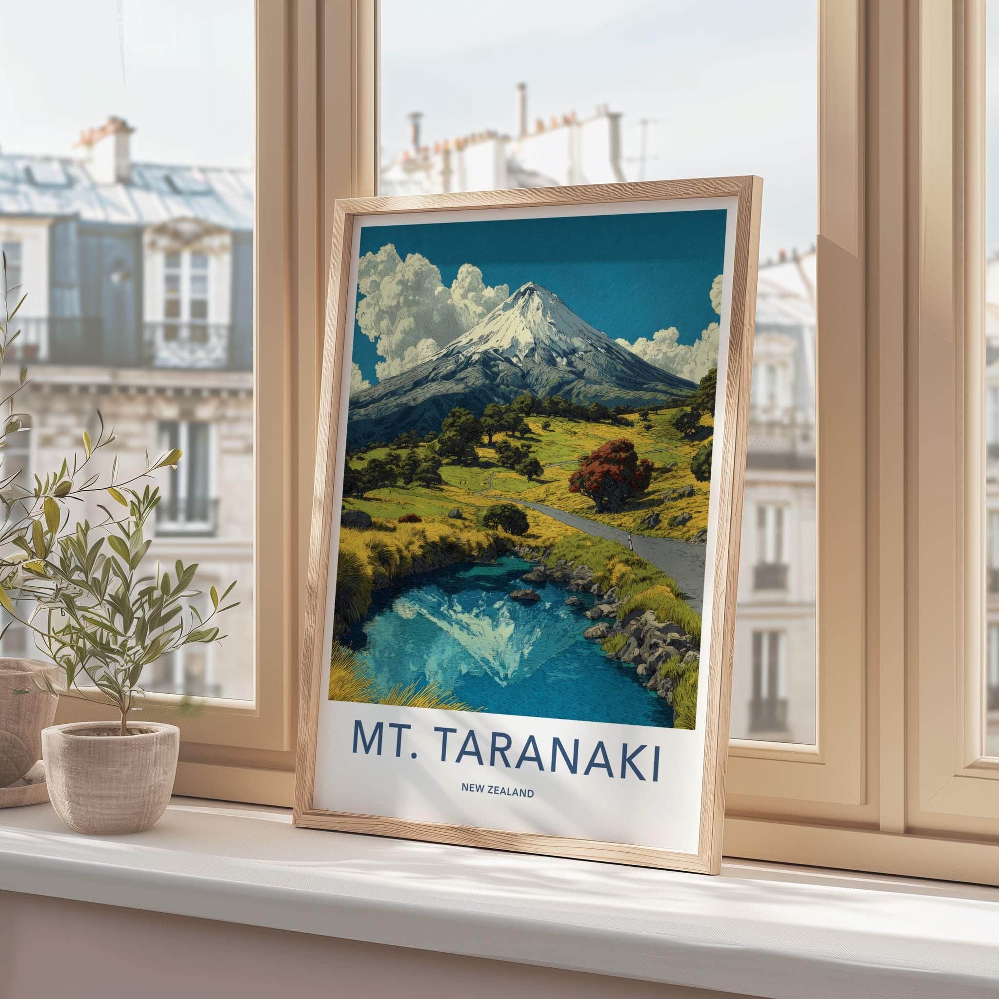 Mount Taranaki Poster - New Zealand Travel Art - Mountain Water Reflection Home Decor