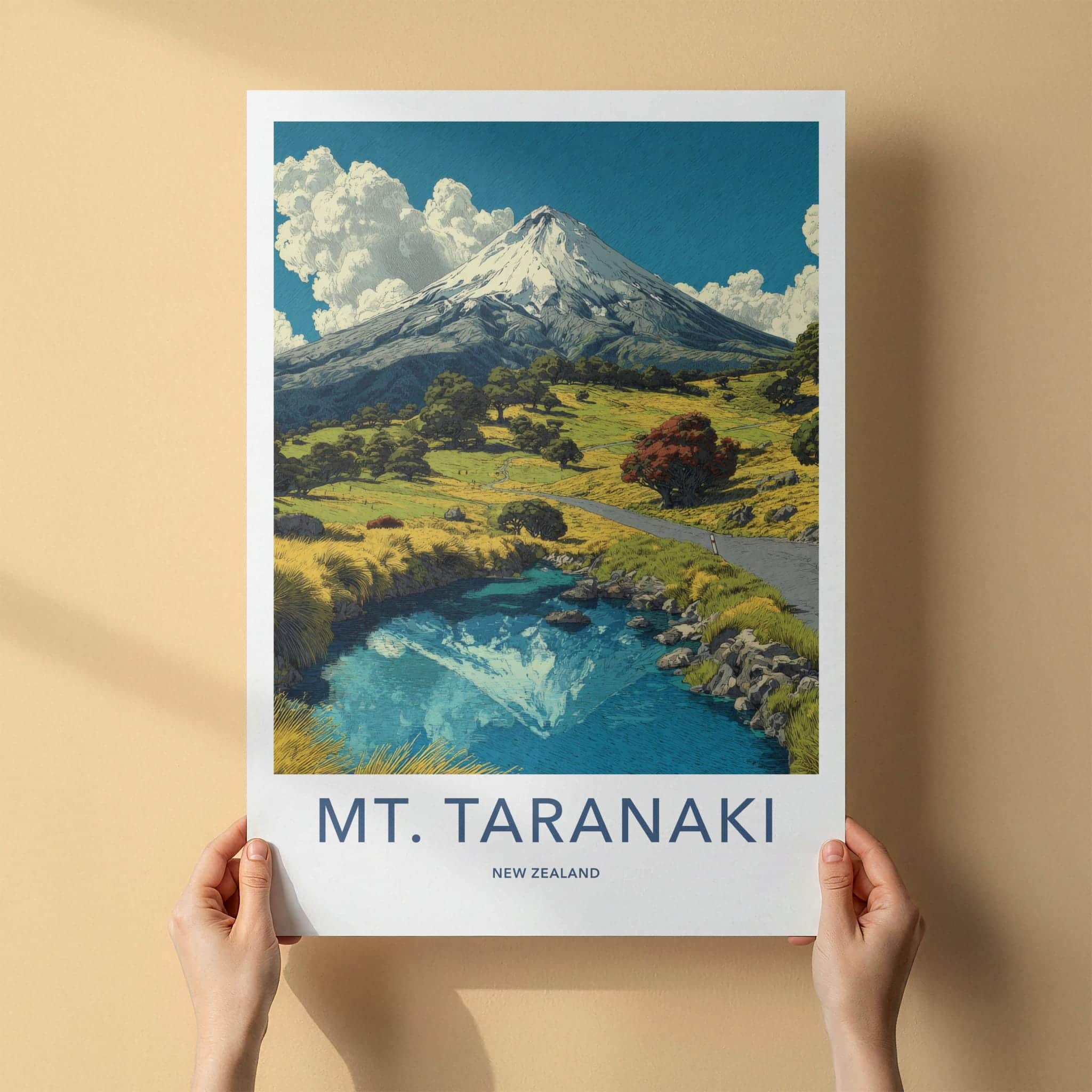 Mount Taranaki Poster - New Zealand Travel Art - Mountain Water Reflection Home Decor